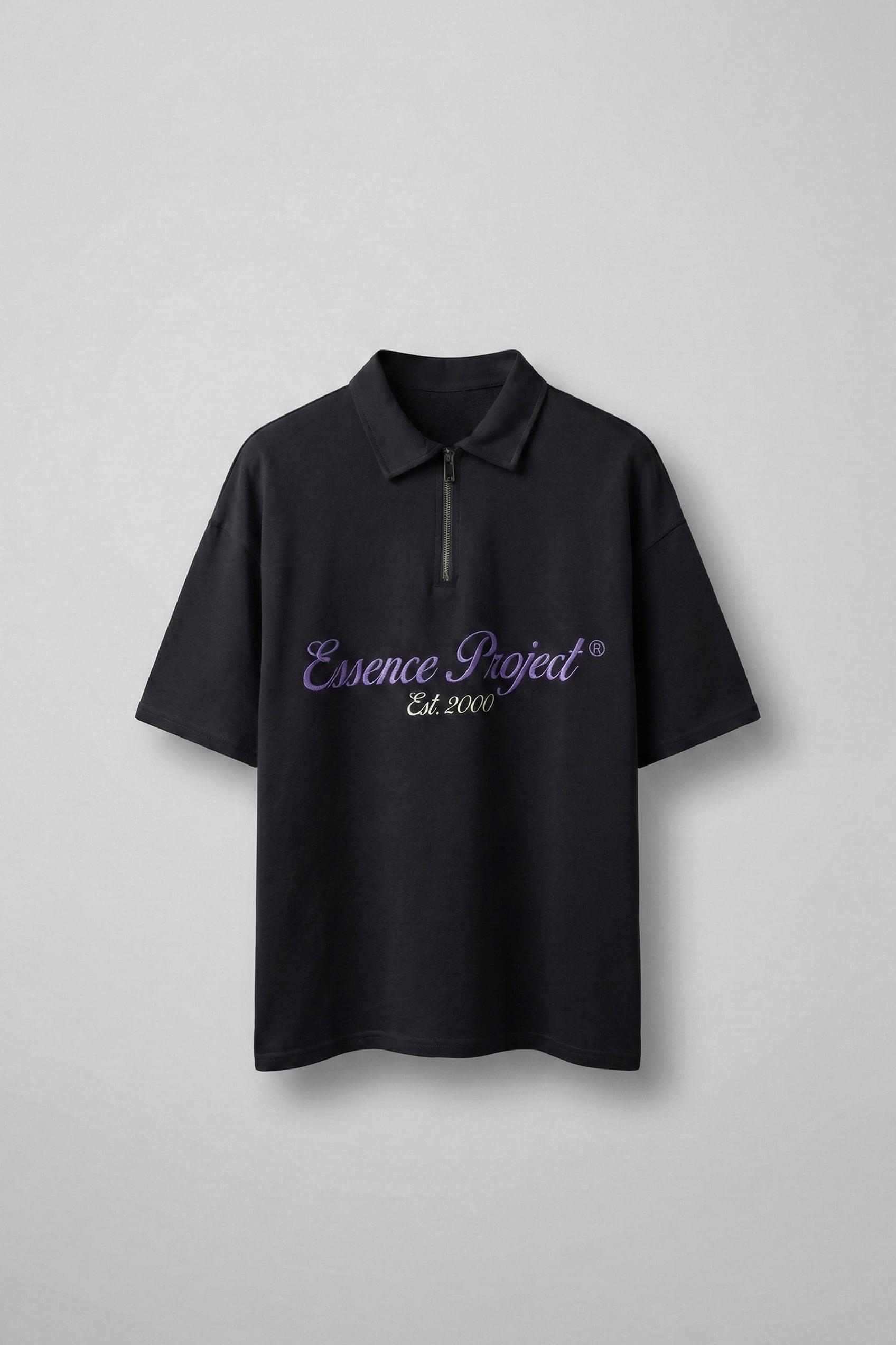 Erkek Oversize Fermuarlı Polo Yaka Baskılı T-Shirt Siyah