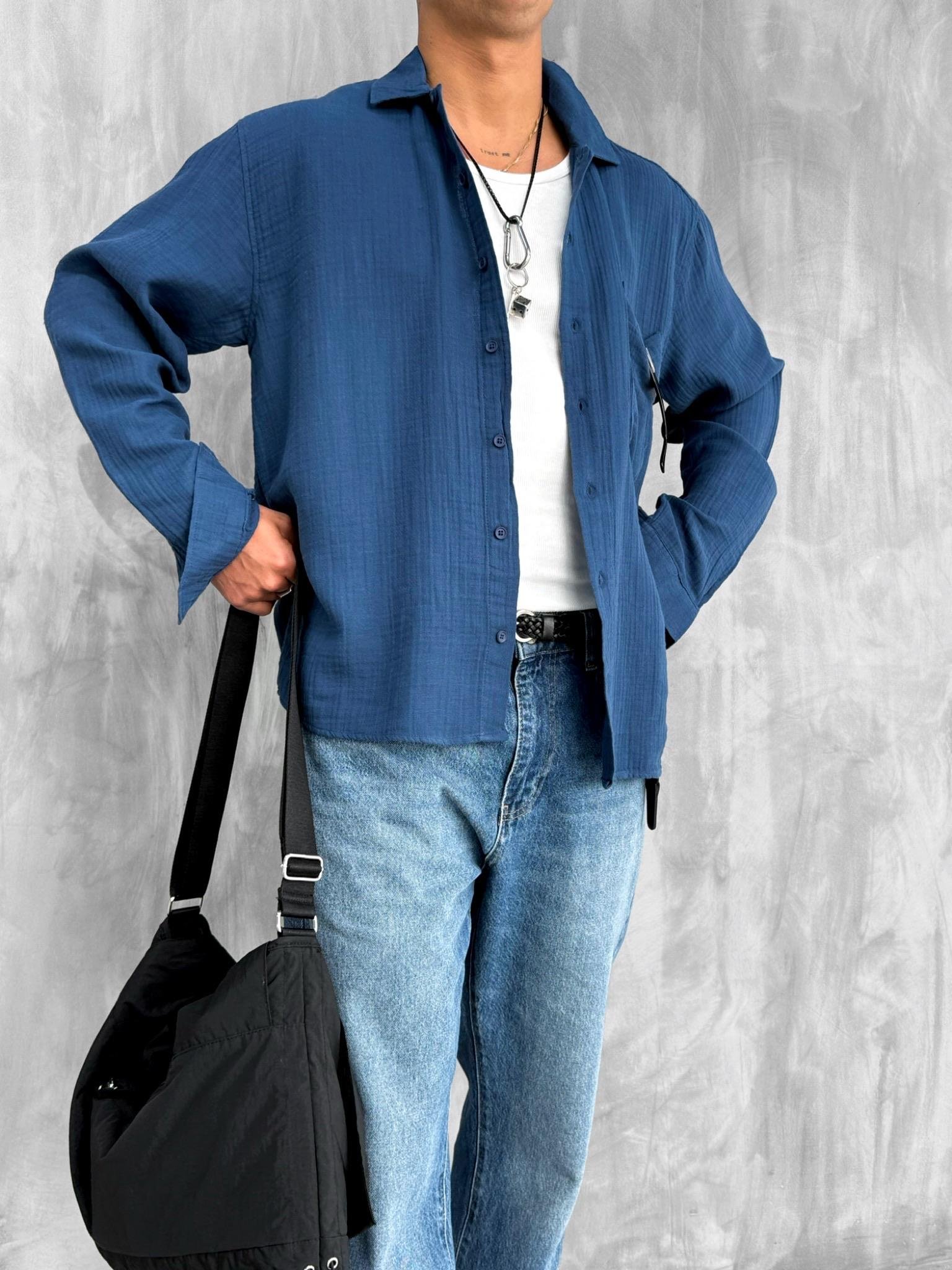 Erkek Oversize Fit Uzun Kollu Müslin Gömlek Lacivert