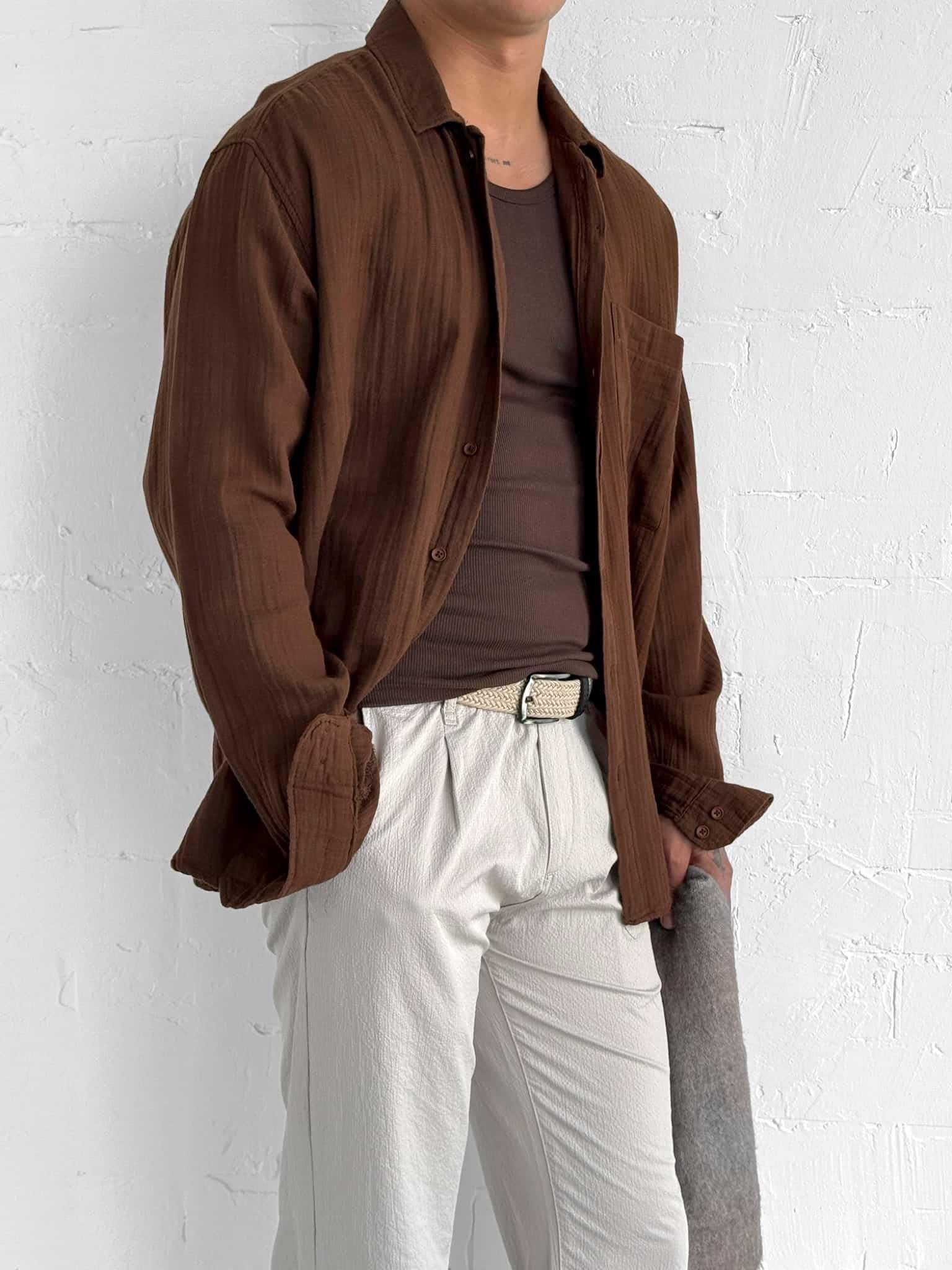 Erkek Oversize Fit Uzun Kollu Müslin Gömlek Kahverengi