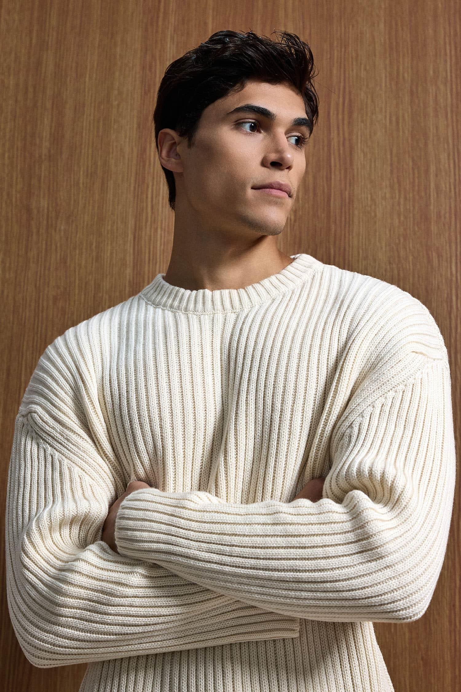 Erkek Oversize Fitilli Basic Triko Kazak Bej