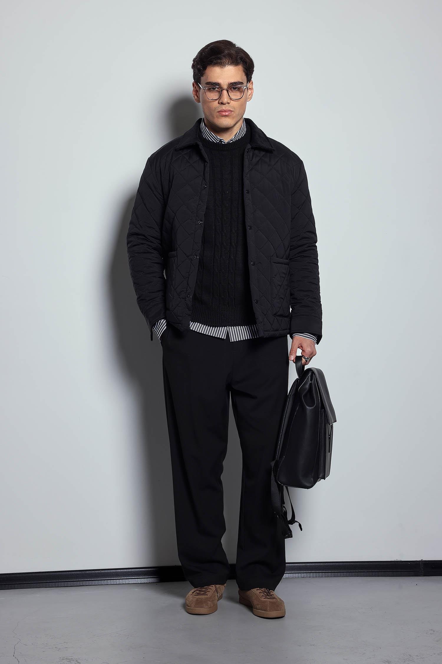 Erkek Oversize Fitilli Yaka Detaylı Kapitone Ceket Siyah