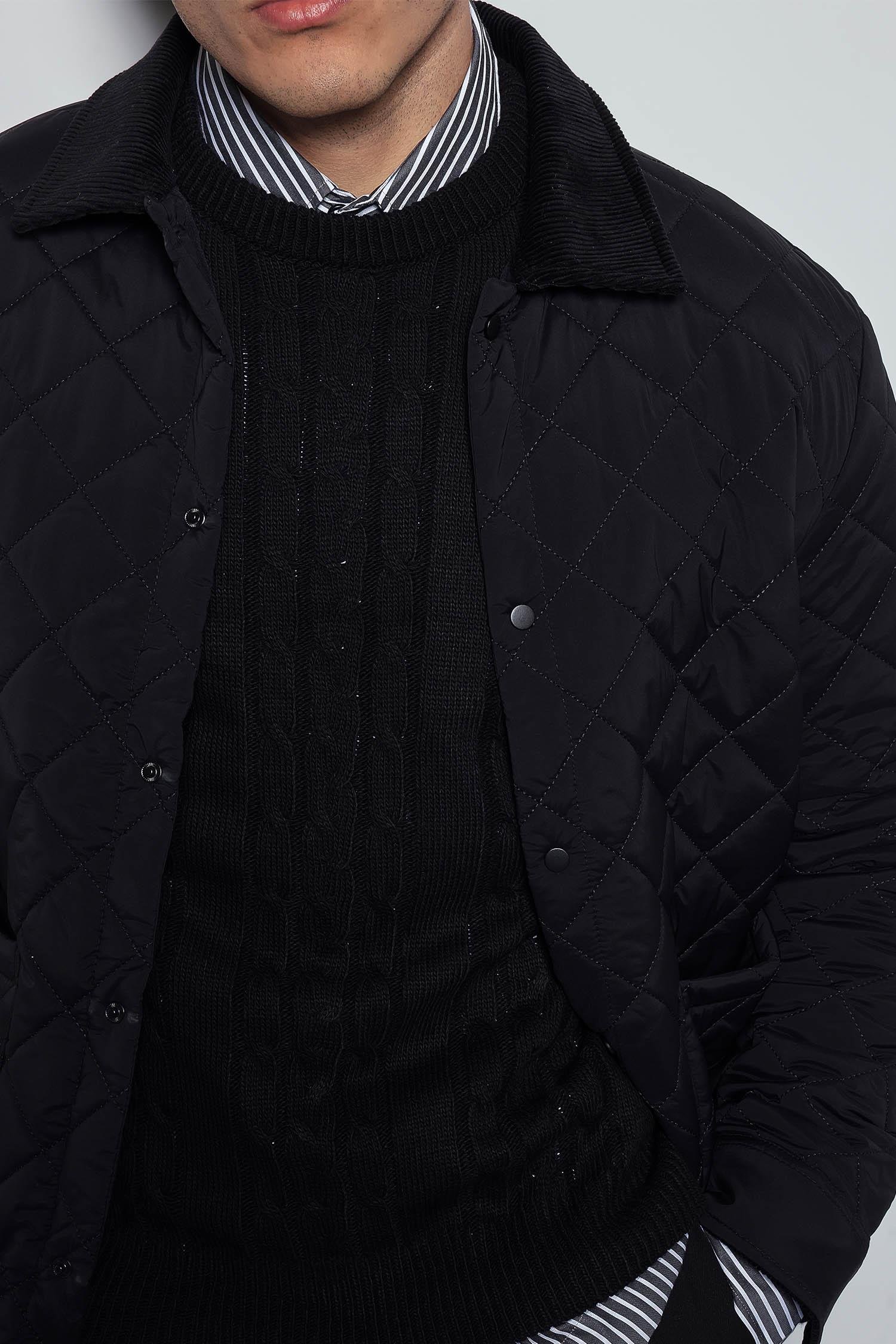 Erkek Oversize Fitilli Yaka Detaylı Kapitone Ceket Siyah