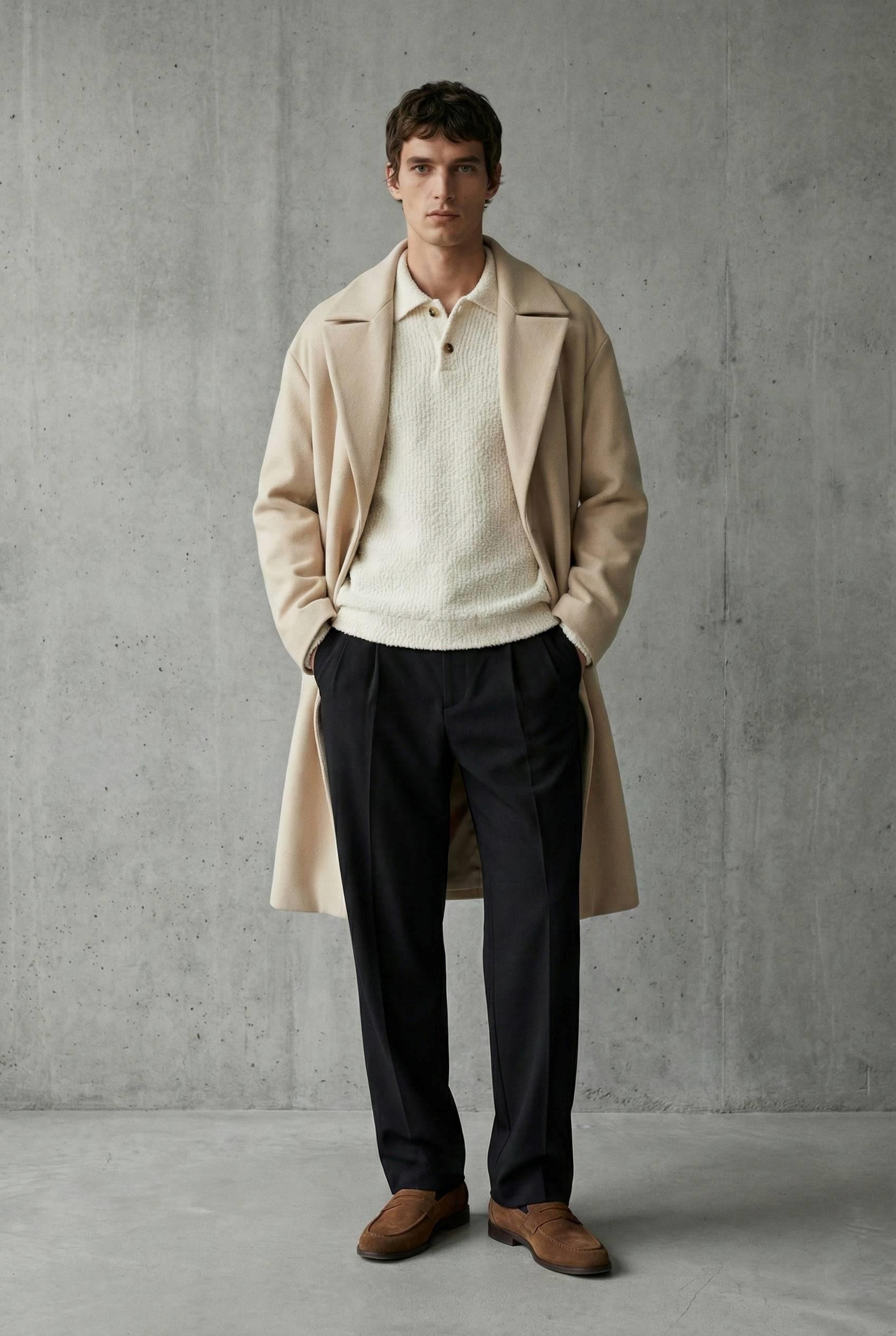 Erkek Oversize İtalyan Kaşe Kaban Açık Bej