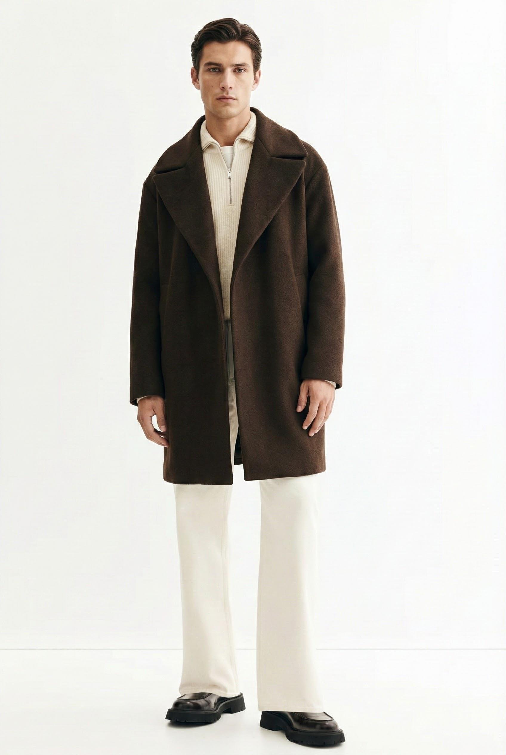 Erkek Oversize İtalyan Kaşe Kaban Kahve