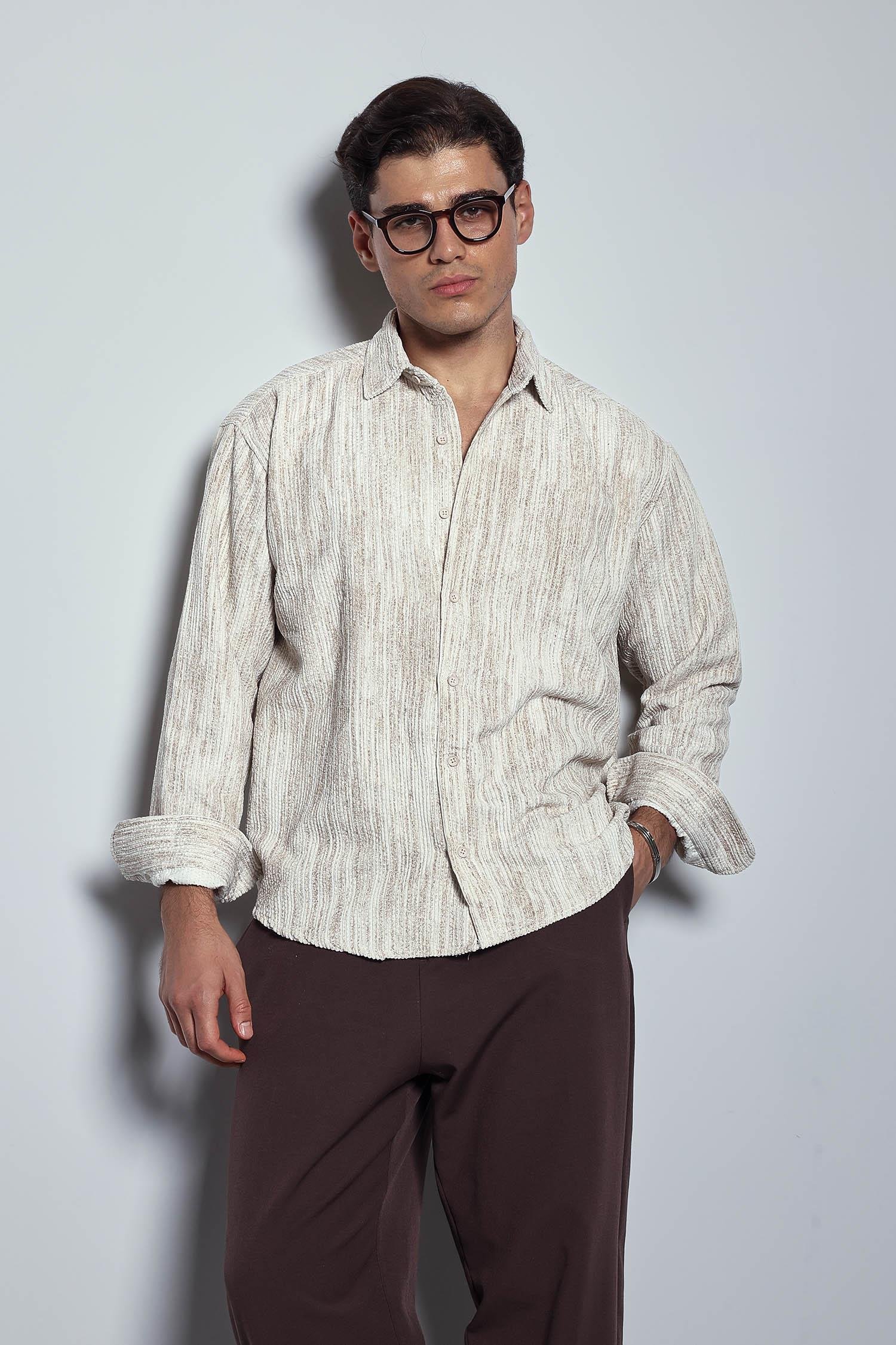 Erkek Oversize Kadife Dokulu Gömlek Bej