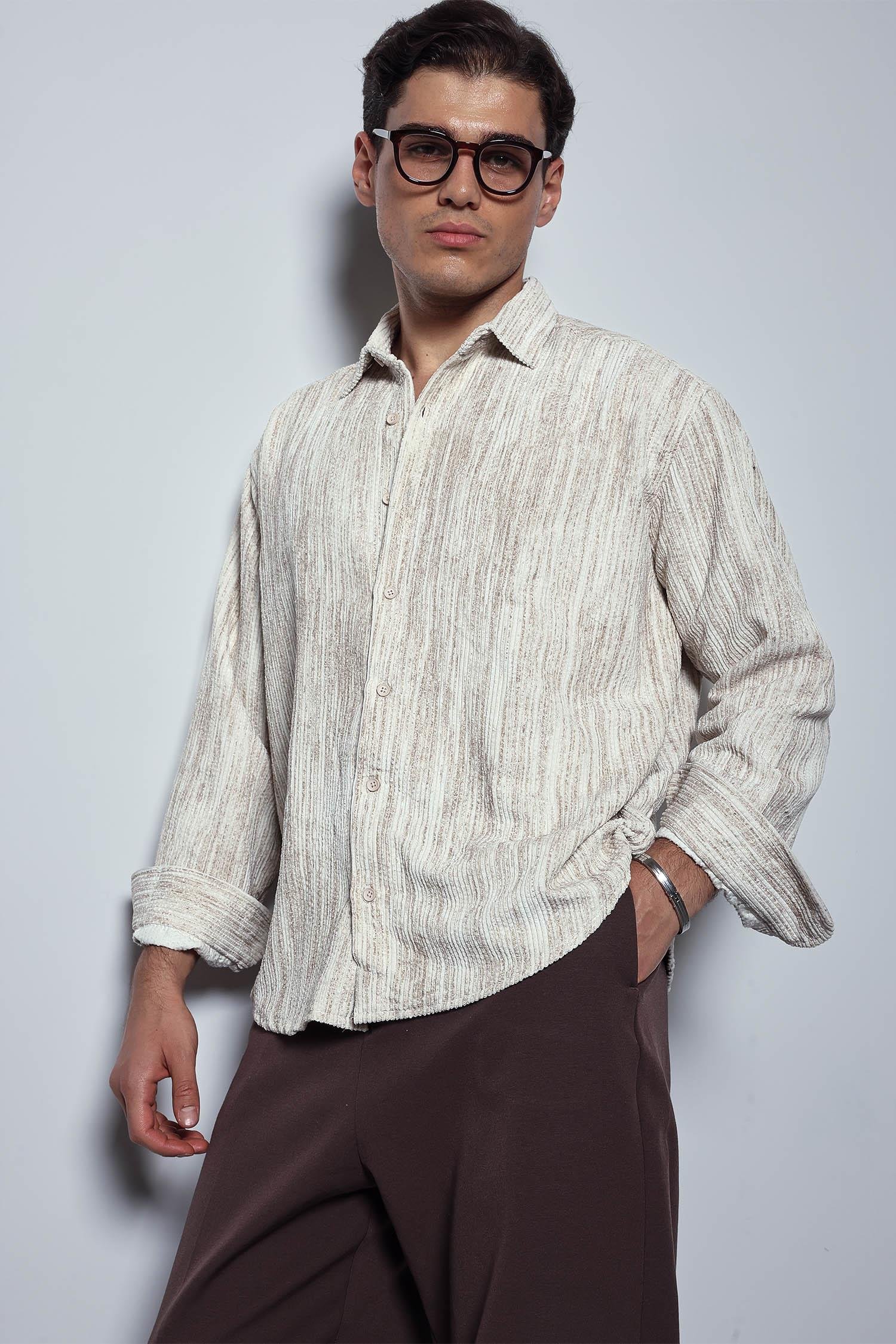 Erkek Oversize Kadife Dokulu Gömlek Bej