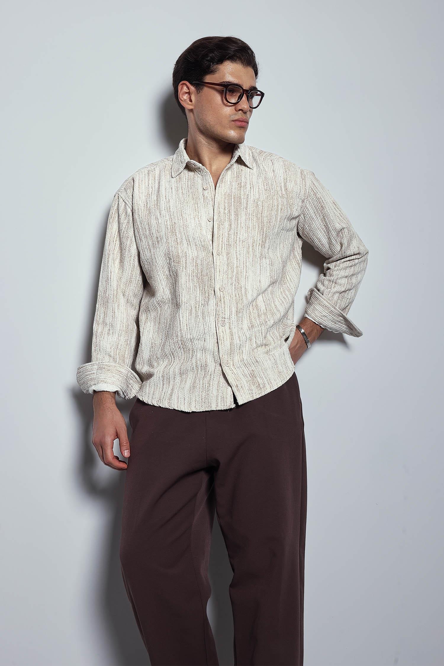 Erkek Oversize Kadife Dokulu Gömlek Bej