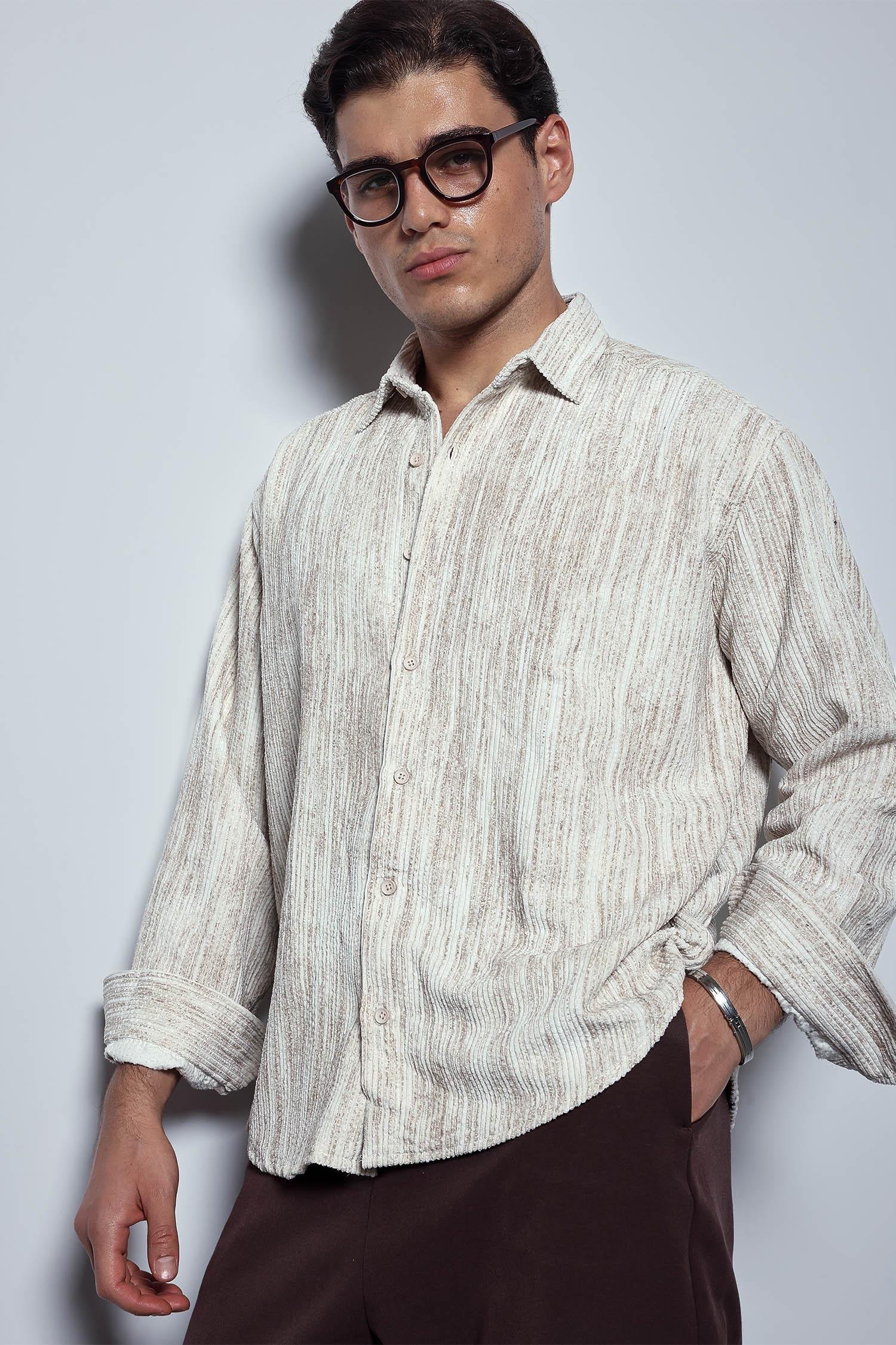 Erkek Oversize Kadife Dokulu Gömlek Bej