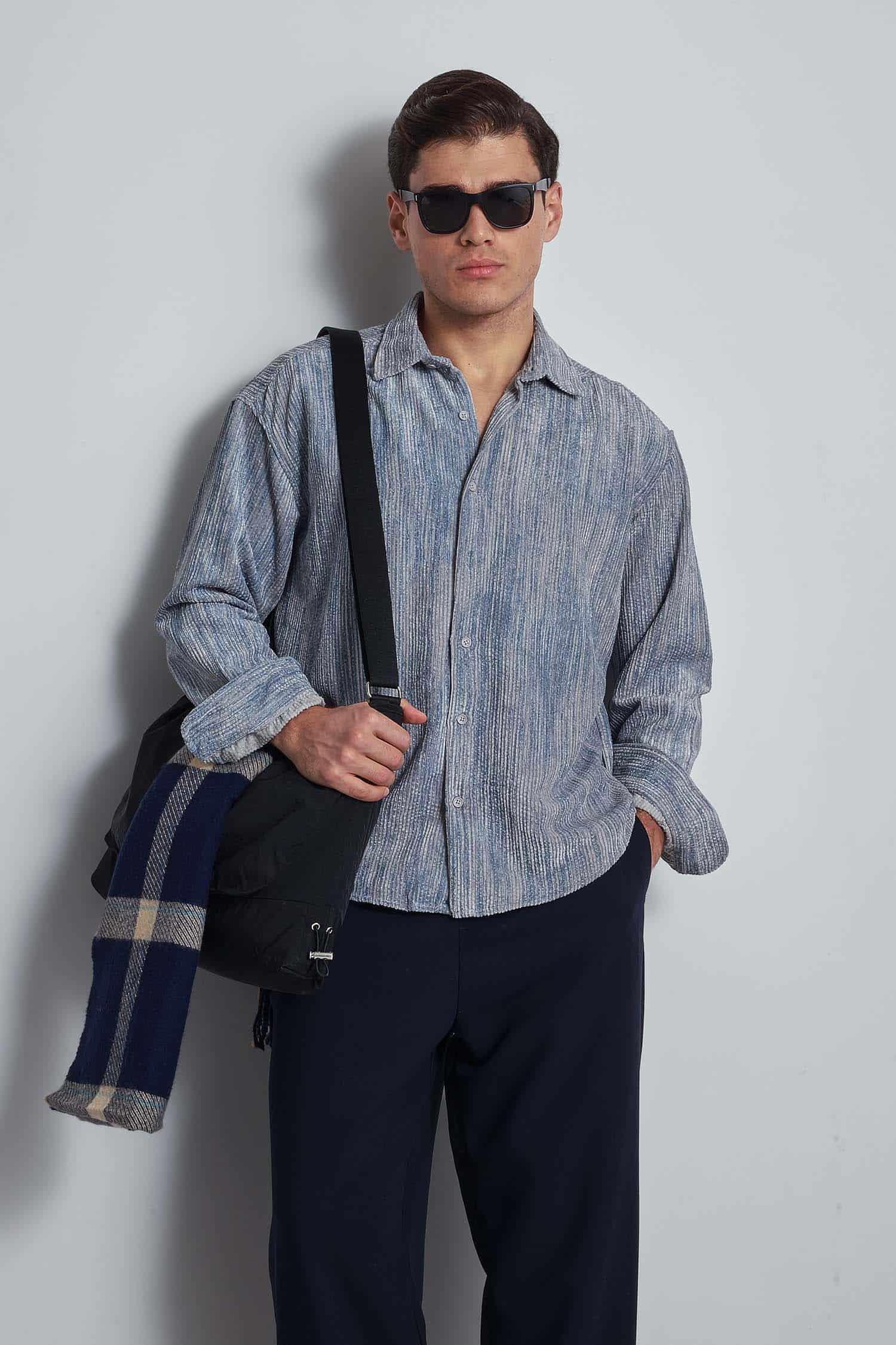 Erkek Oversize Kadife Dokulu Gömlek Mavi