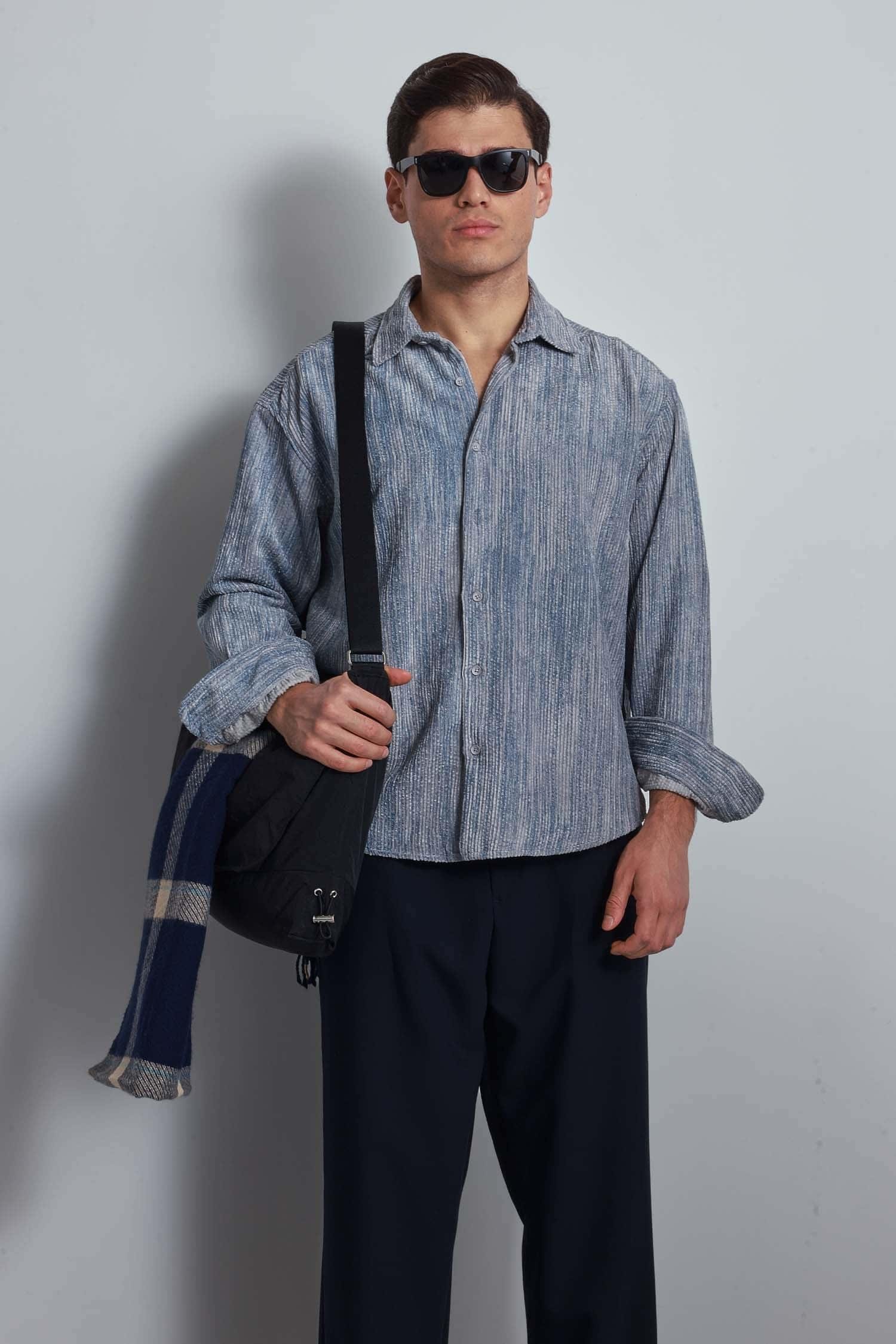 Erkek Oversize Kadife Dokulu Gömlek Mavi