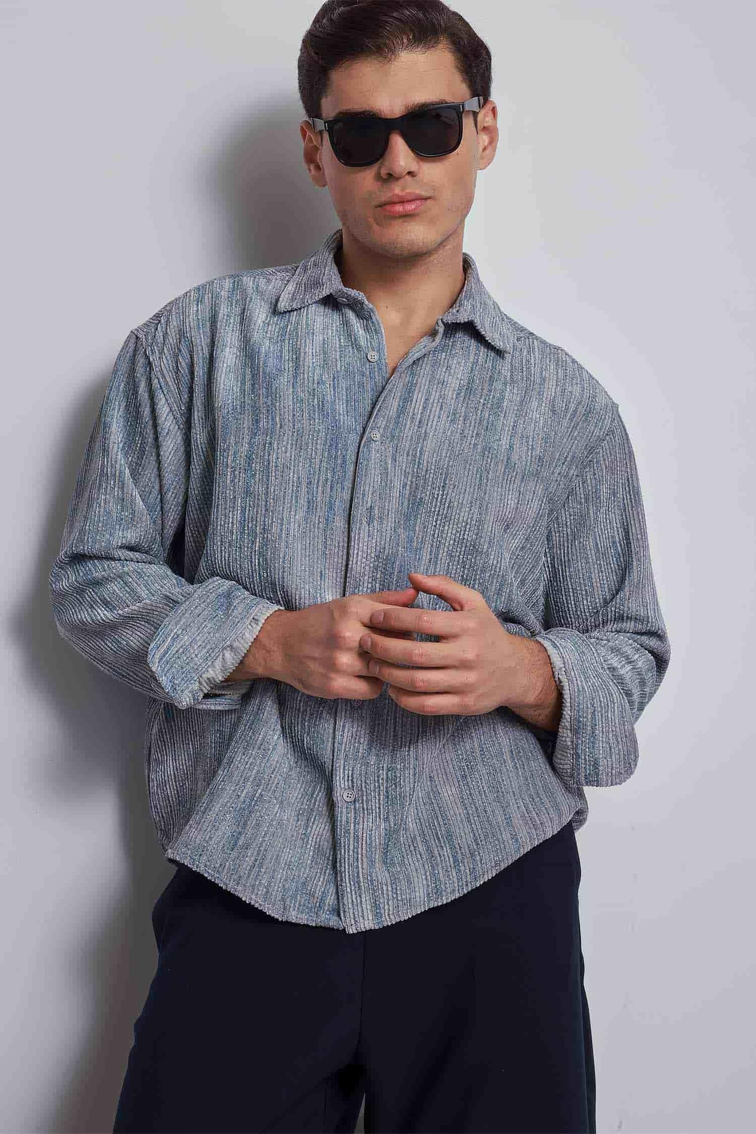 Erkek Oversize Kadife Dokulu Gömlek Mavi