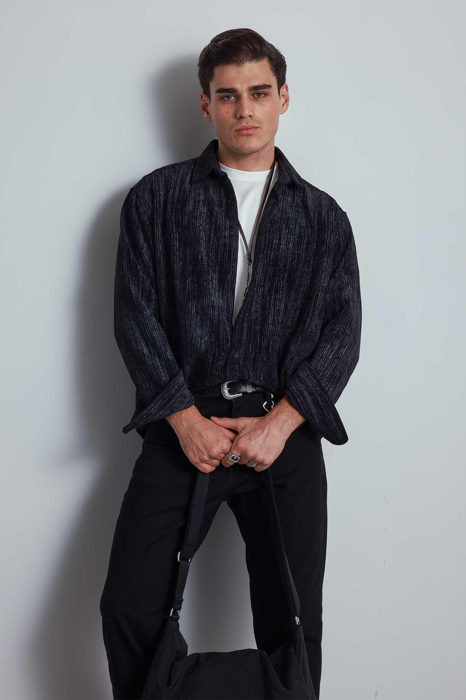 Erkek Oversize Kadife Dokulu Gömlek Siyah