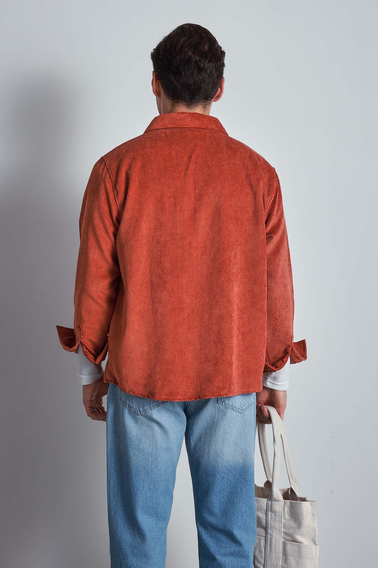 Erkek Oversize Kadife Dokulu Uzun Kollu Gömlek Kiremit