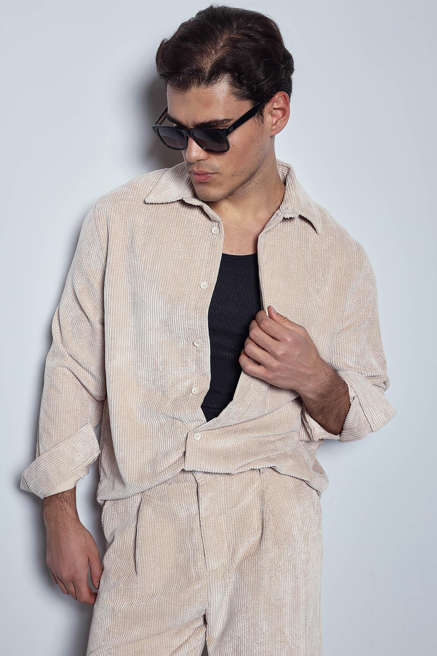 Erkek Oversize Kadife Dokulu Uzun Kollu Gömlek Taş Rengi