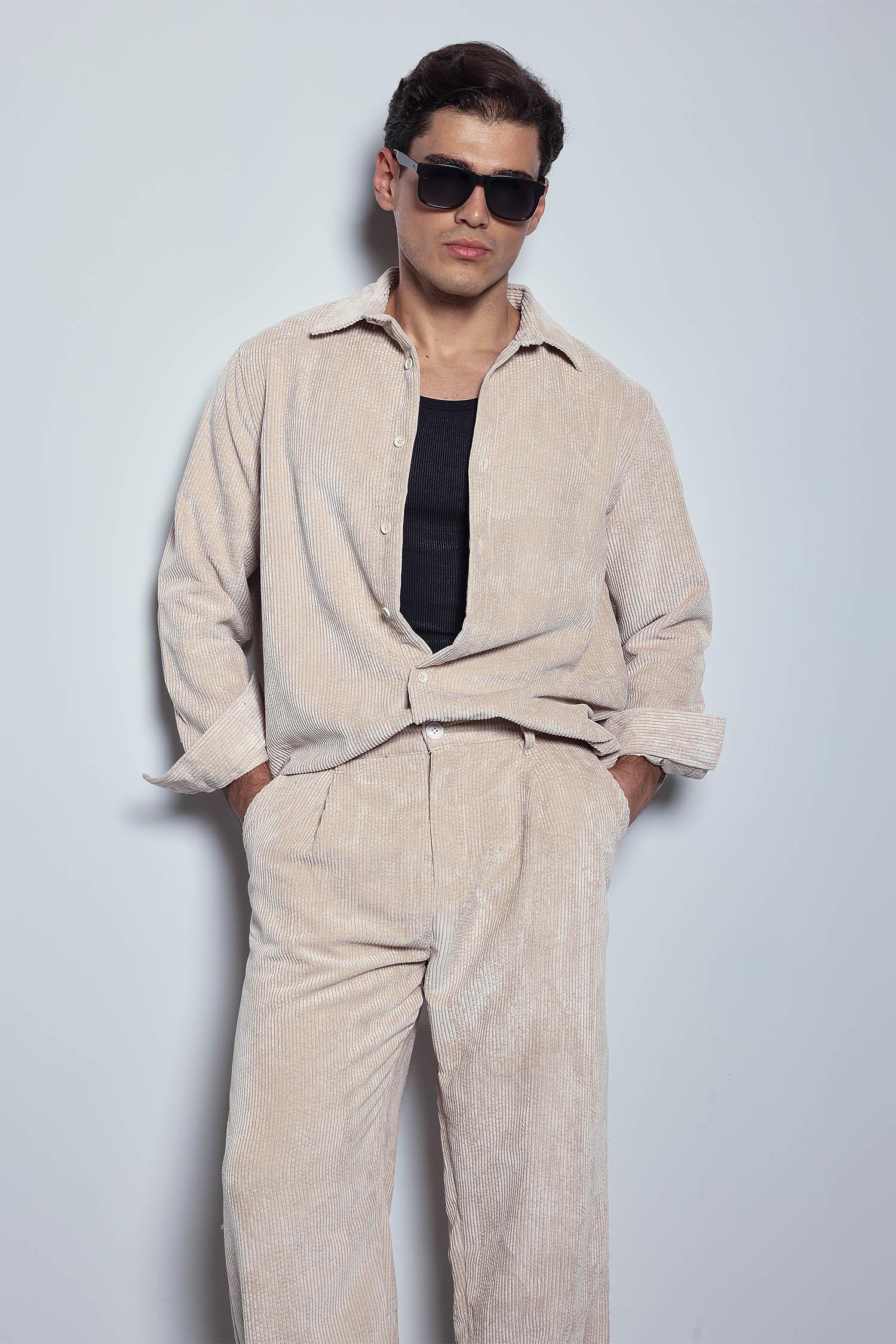 Erkek Oversize Kadife Dokulu Uzun Kollu Gömlek Taş Rengi