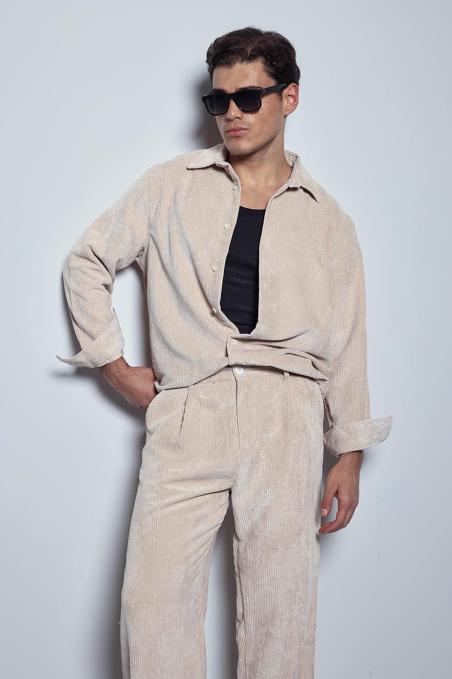 Erkek Oversize Kadife Dokulu Uzun Kollu Gömlek Taş Rengi