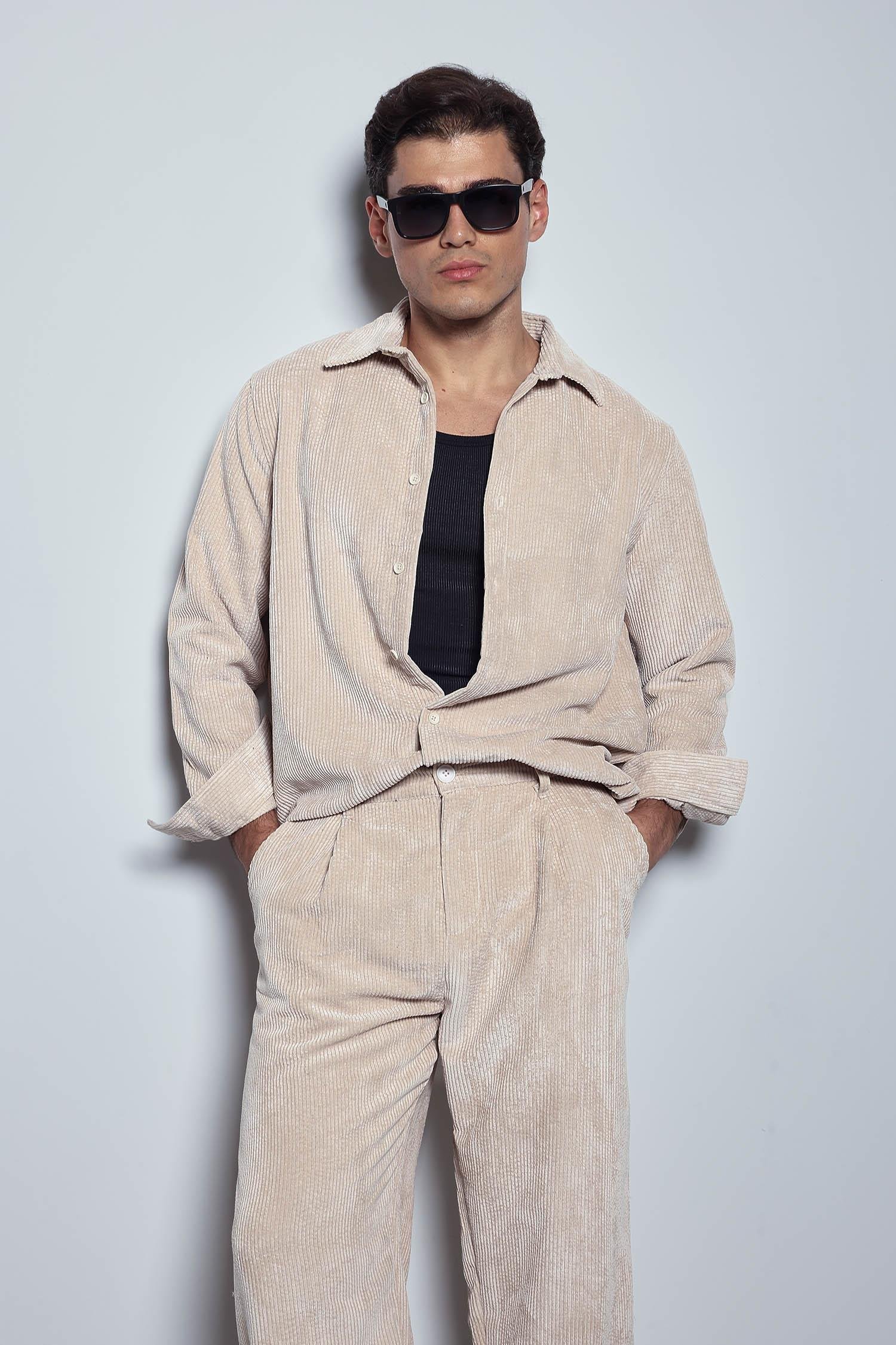 Erkek Oversize Kadife Dokulu Uzun Kollu Gömlek Taş Rengi