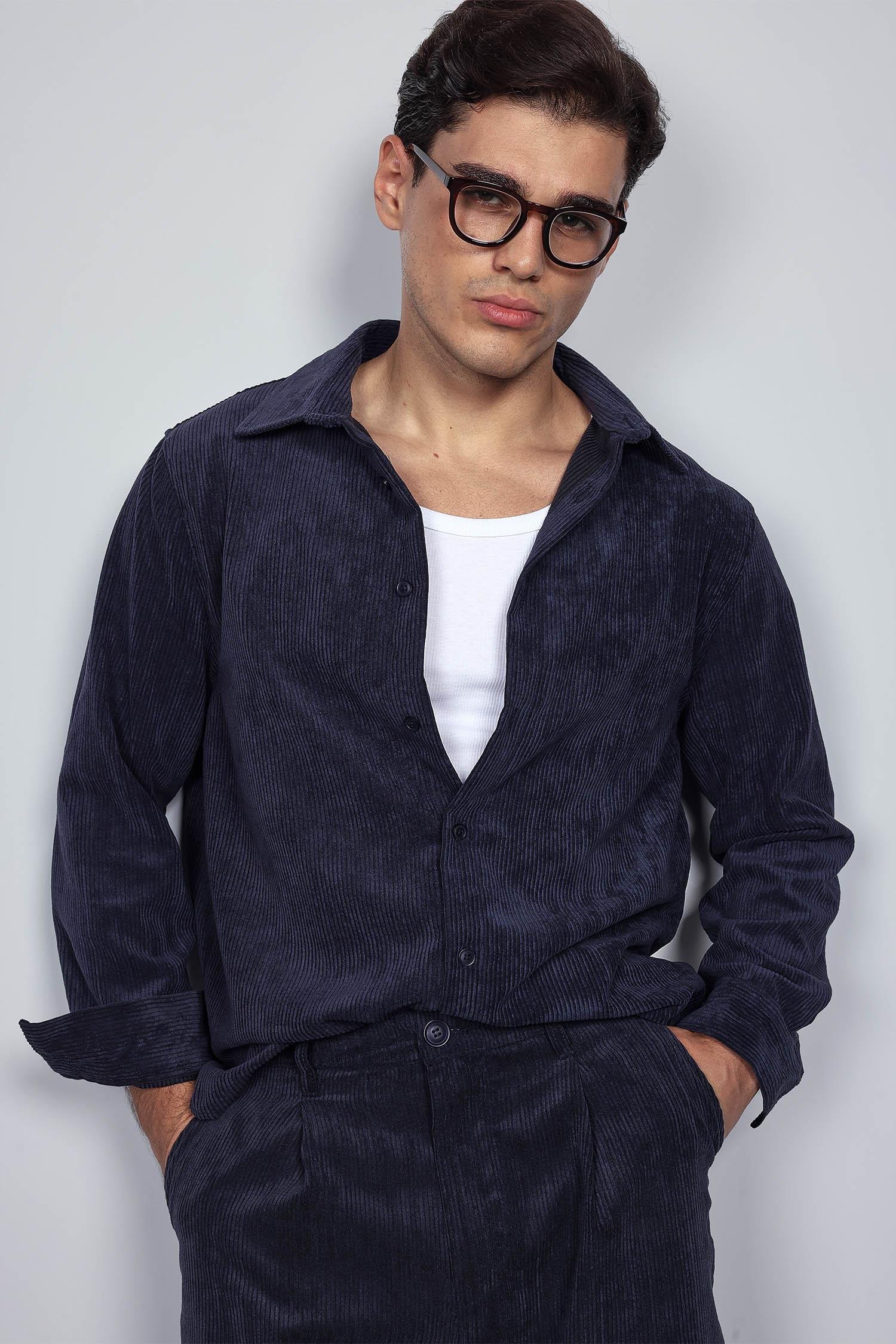 Erkek Oversize Kadife Dokulu Uzun Kollu Gömlek Lacivert