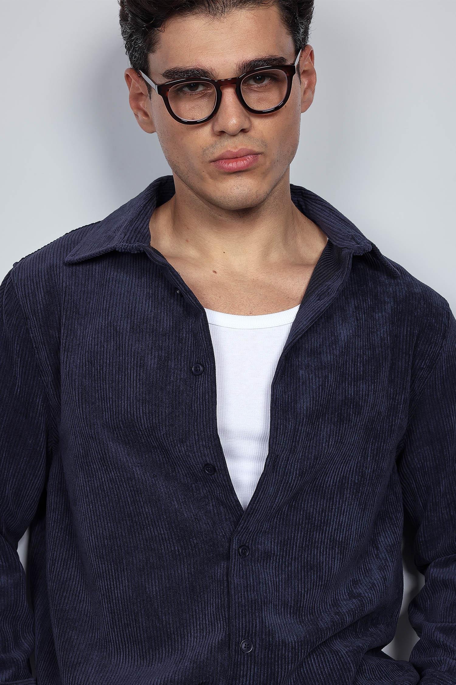 Erkek Oversize Kadife Dokulu Uzun Kollu Gömlek Lacivert