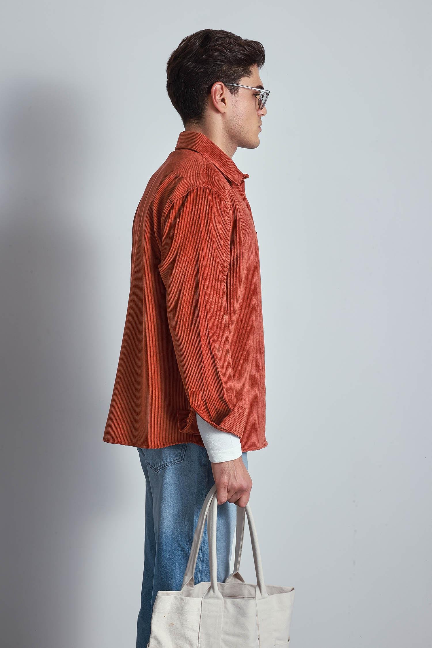 Erkek Oversize Kadife Dokulu Uzun Kollu Gömlek Kiremit