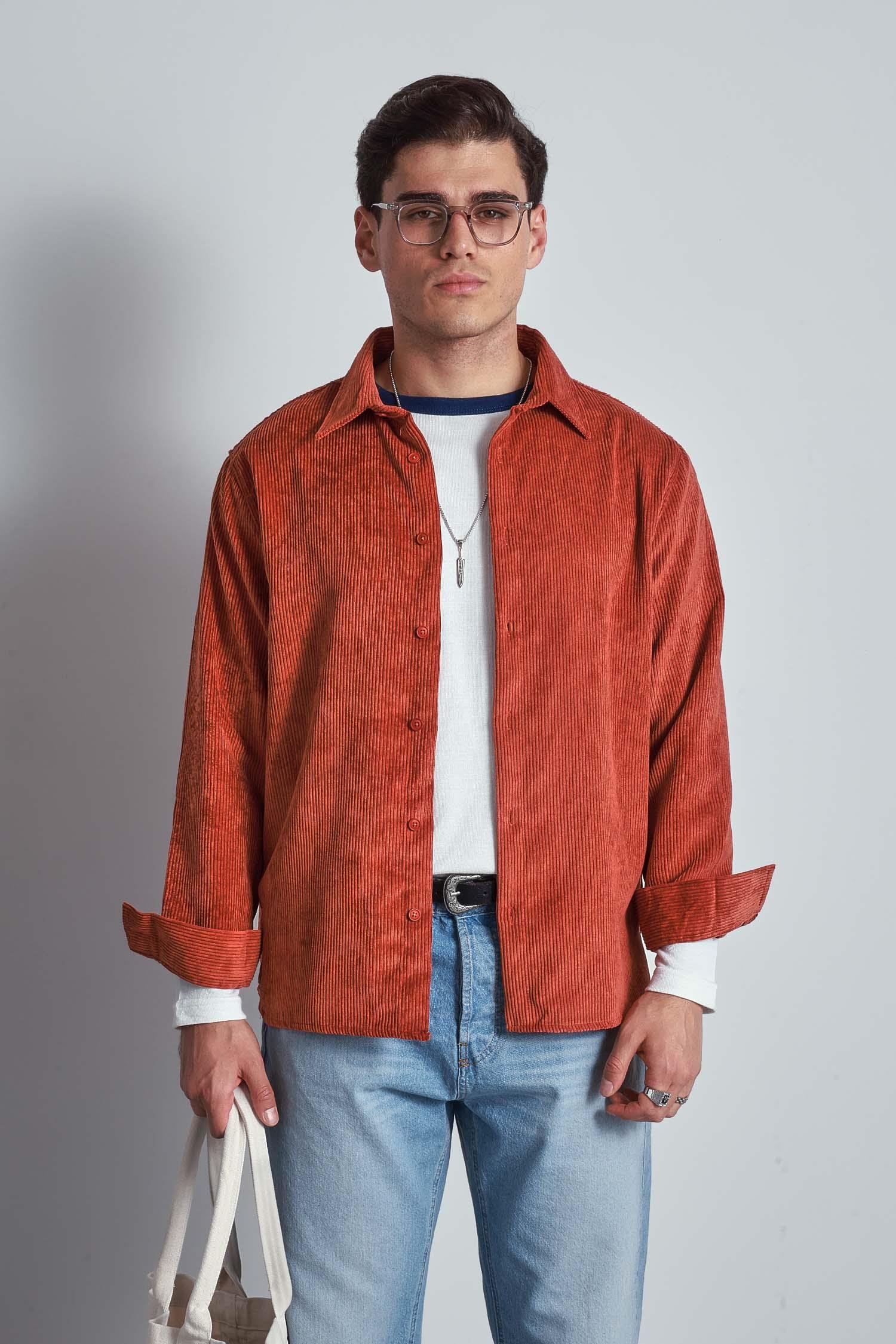 Erkek Oversize Kadife Dokulu Uzun Kollu Gömlek Kiremit