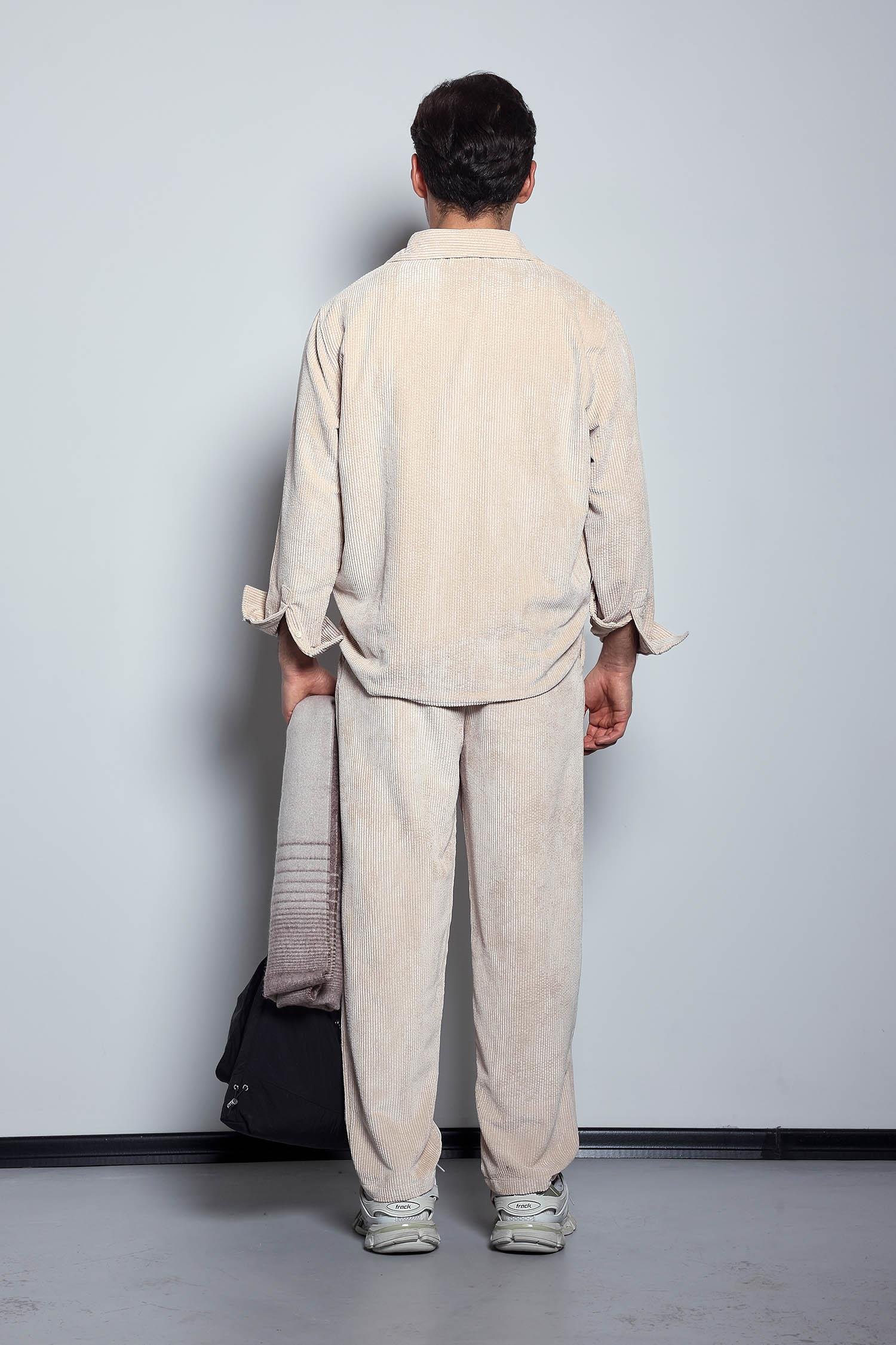 Erkek Oversize Kadife Dokulu Uzun Kollu Gömlek Taş Rengi