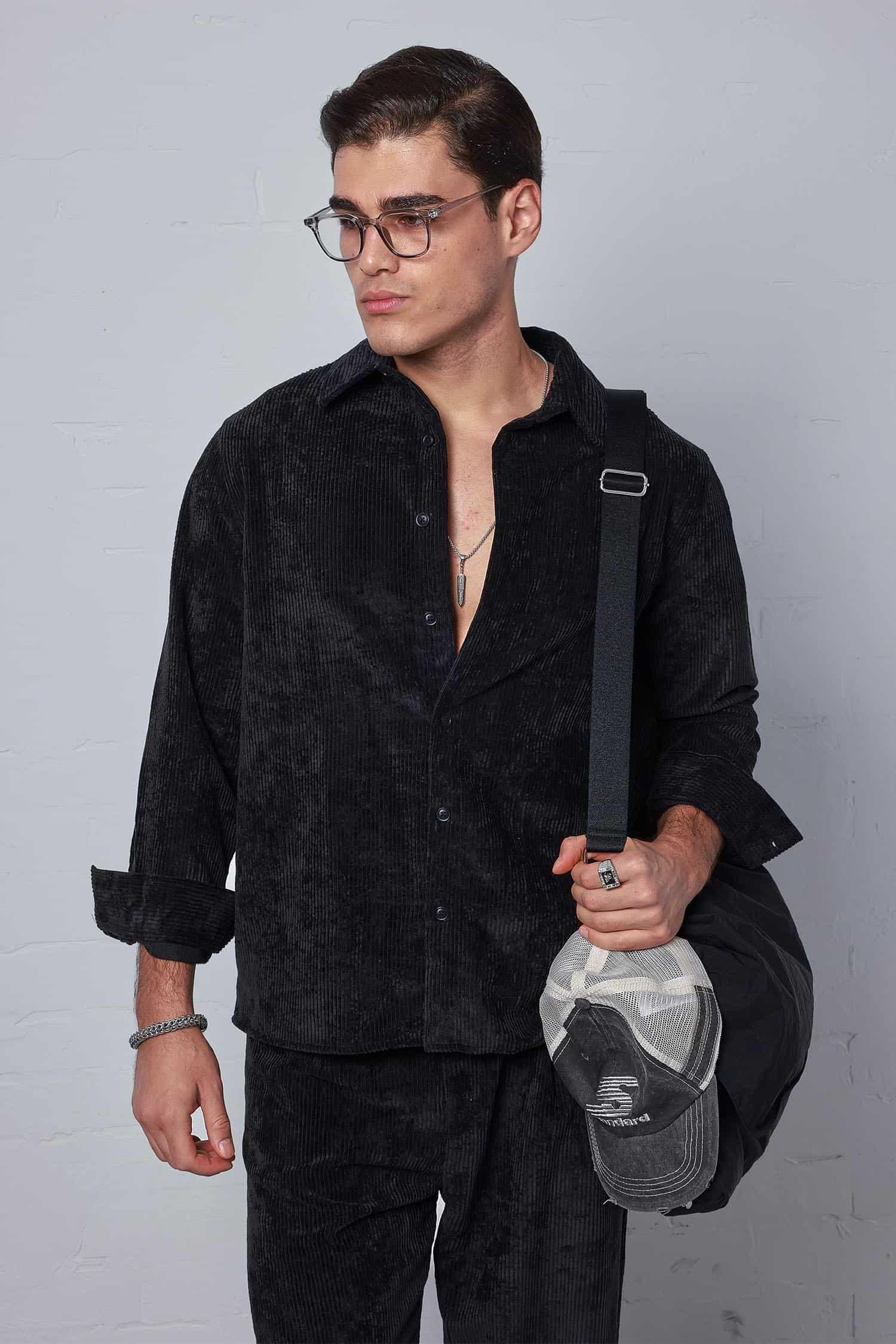 Erkek Oversize Kadife Dokulu Uzun Kollu Gömlek Siyah