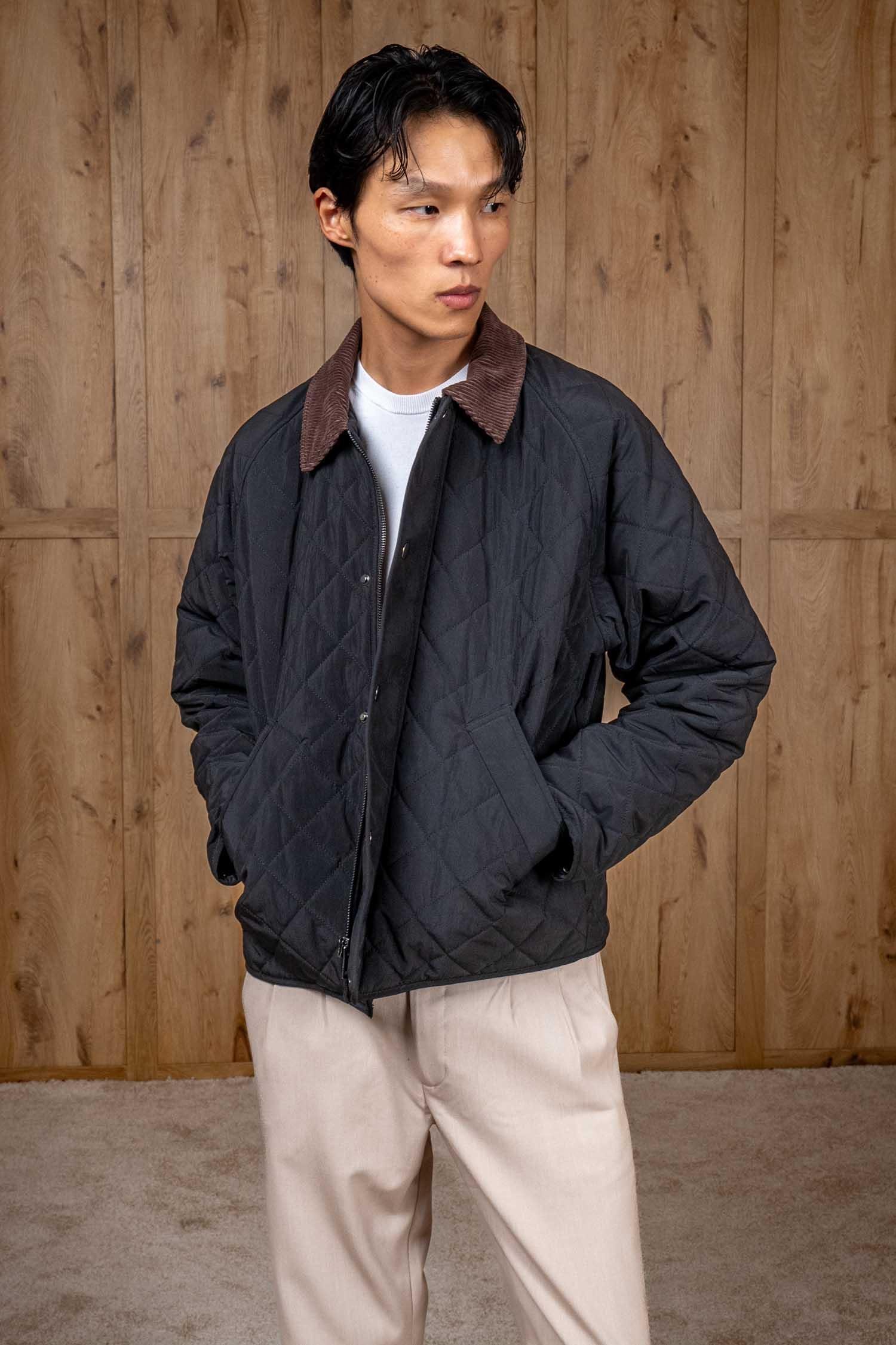 Erkek Oversize Kadife Yaka Detaylı Kapitone Ceket Siyah