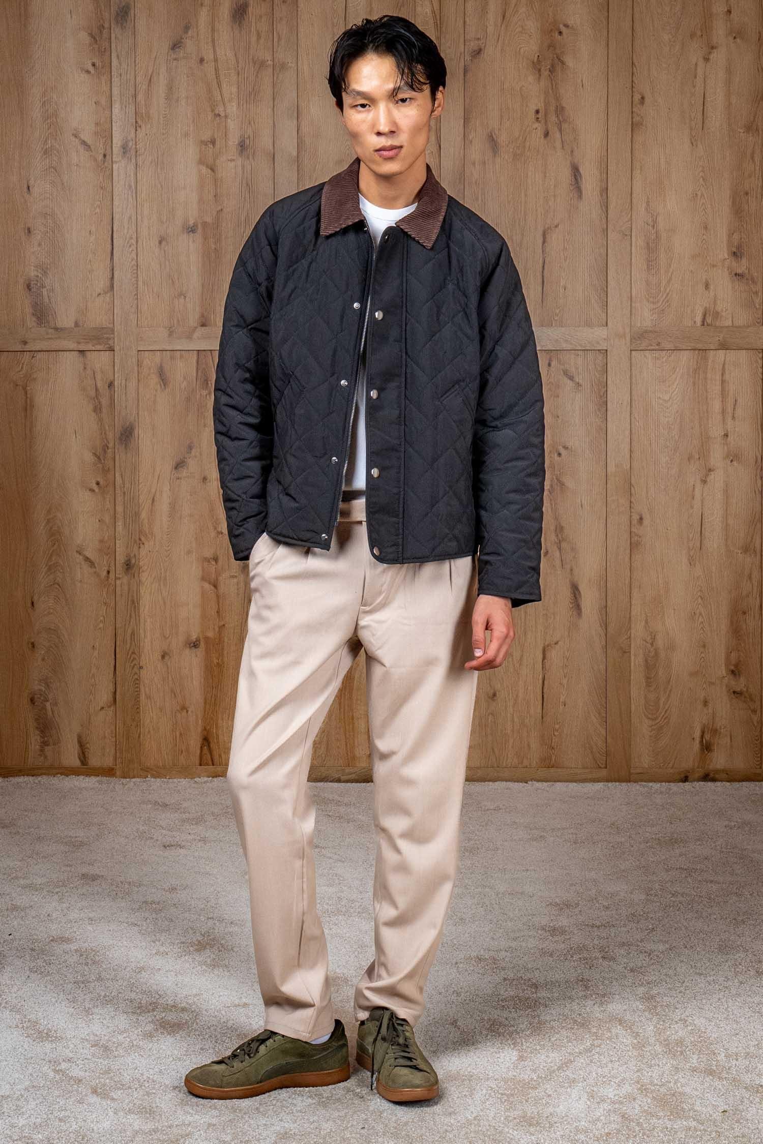 Erkek Oversize Kadife Yaka Detaylı Kapitone Ceket Siyah