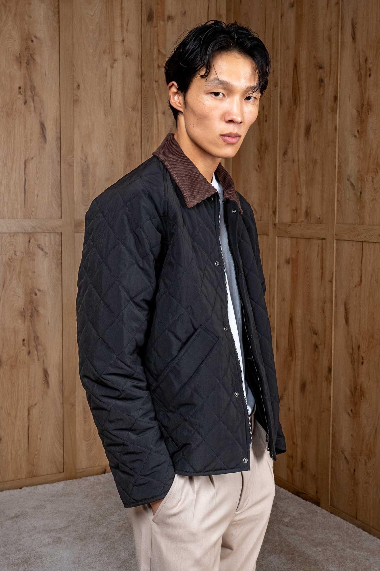 Erkek Oversize Kadife Yaka Detaylı Kapitone Ceket Siyah