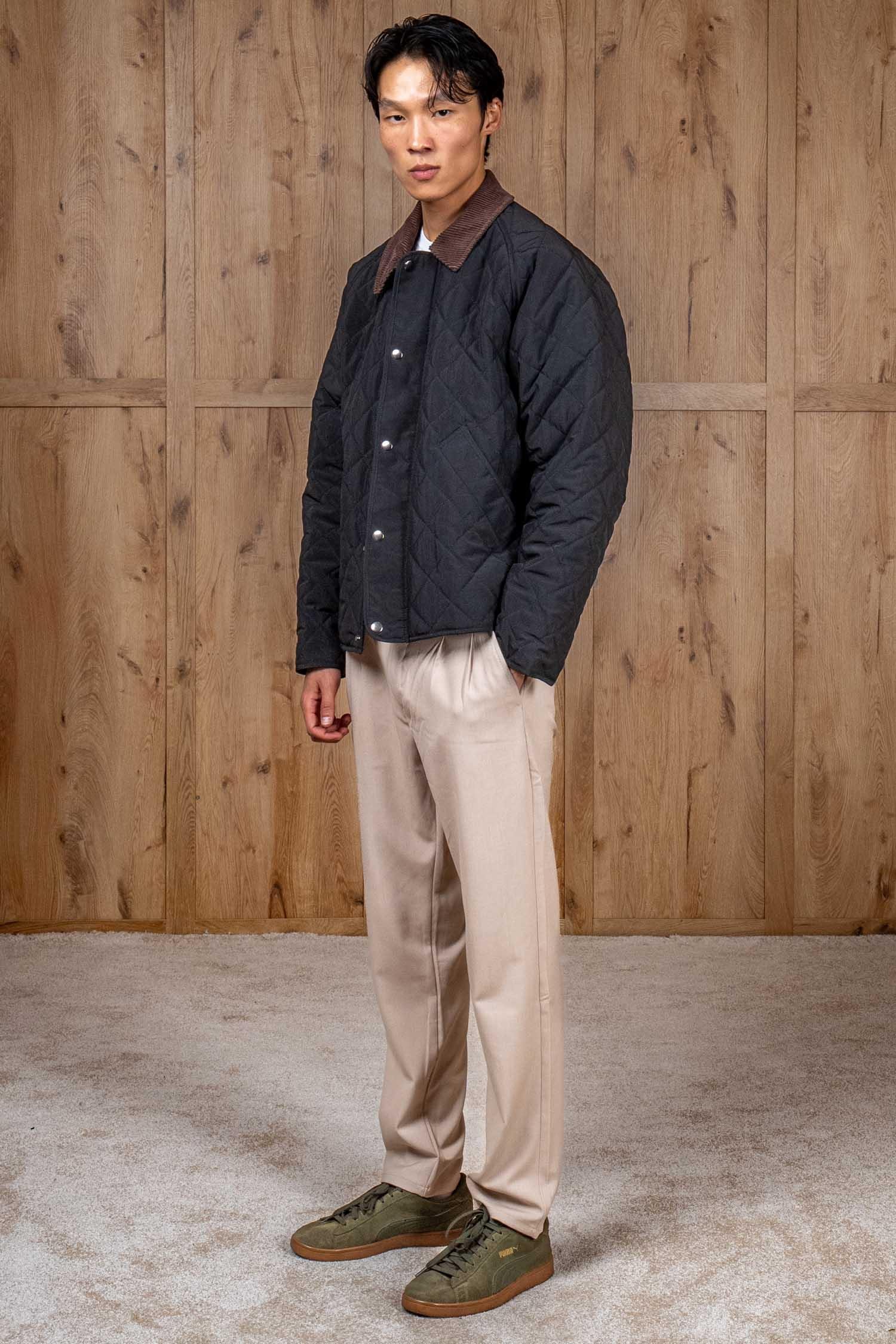 Erkek Oversize Kadife Yaka Detaylı Kapitone Ceket Siyah