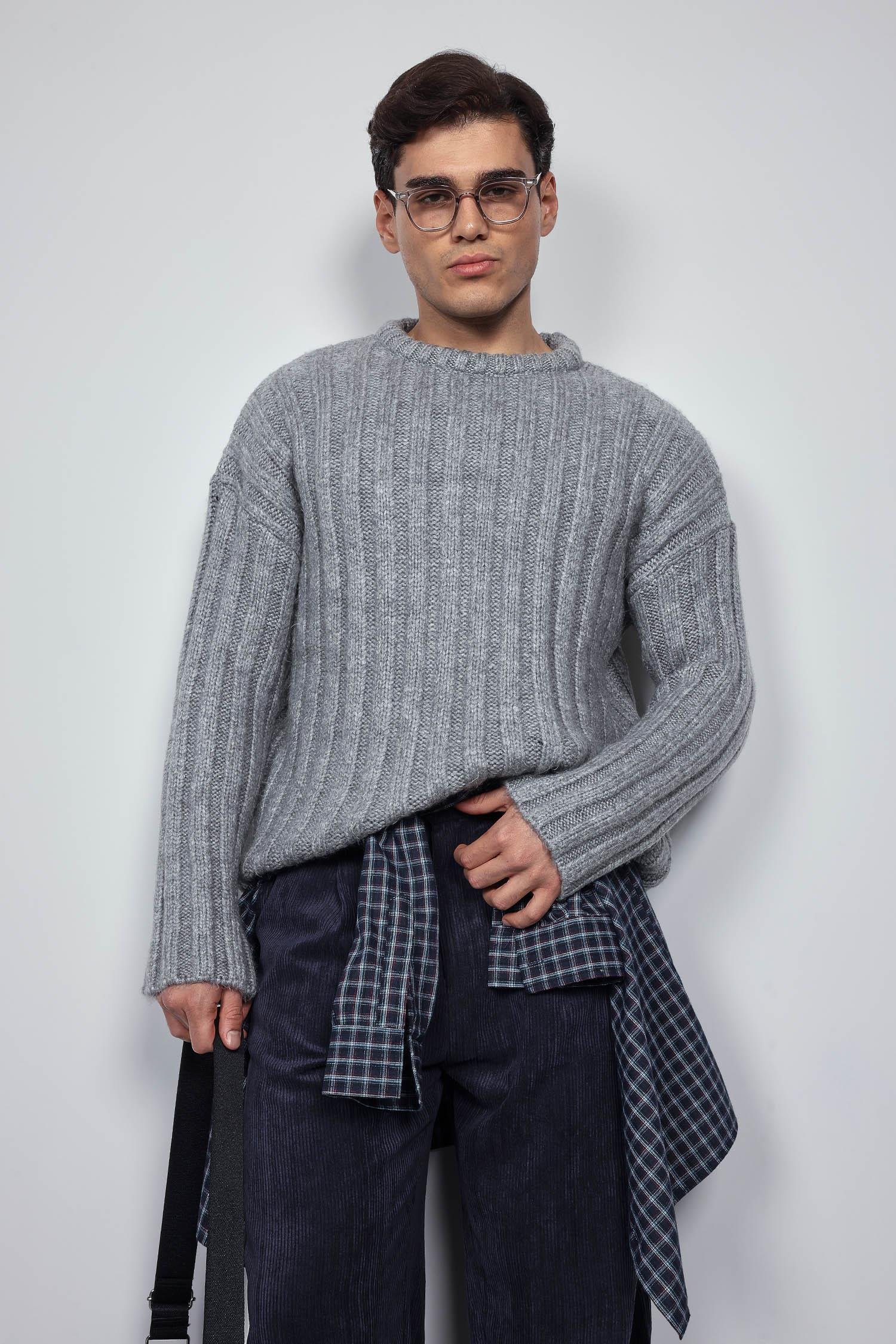 Erkek Oversize Kalın Fitilli Triko Kazak Gri