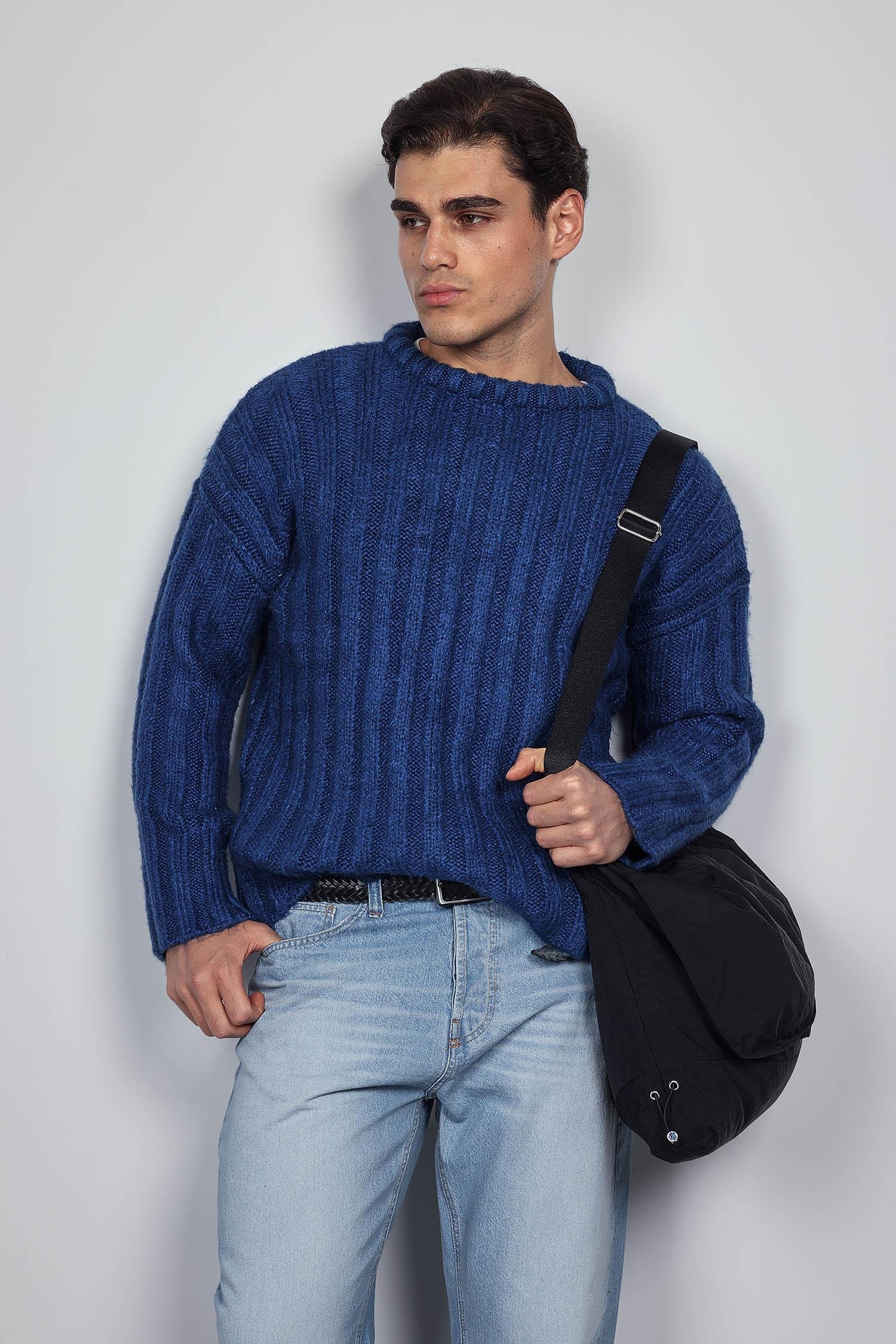 Erkek Oversize Kalın Fitilli Triko Kazak Indigo