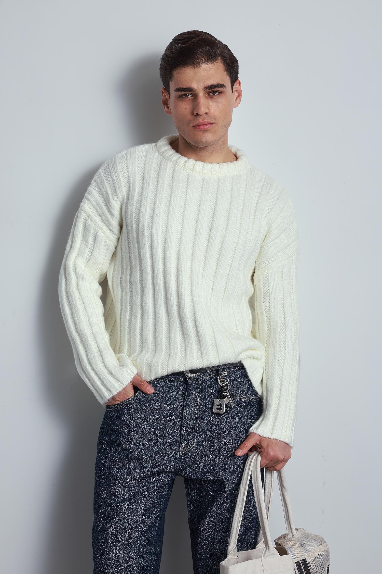 Erkek Oversize Kalın Fitilli Triko Kazak Ekru