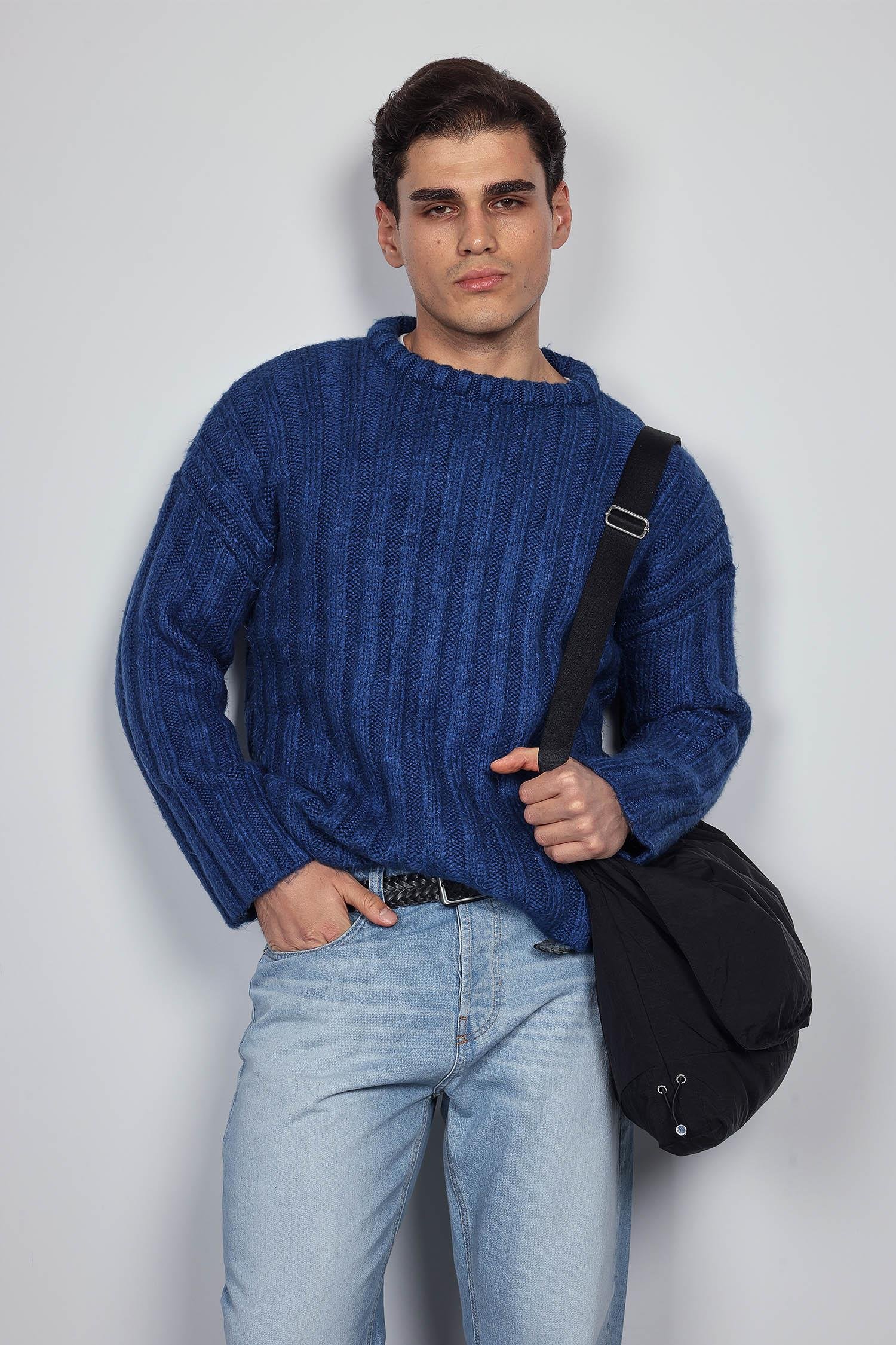 Erkek Oversize Kalın Fitilli Triko Kazak Indigo