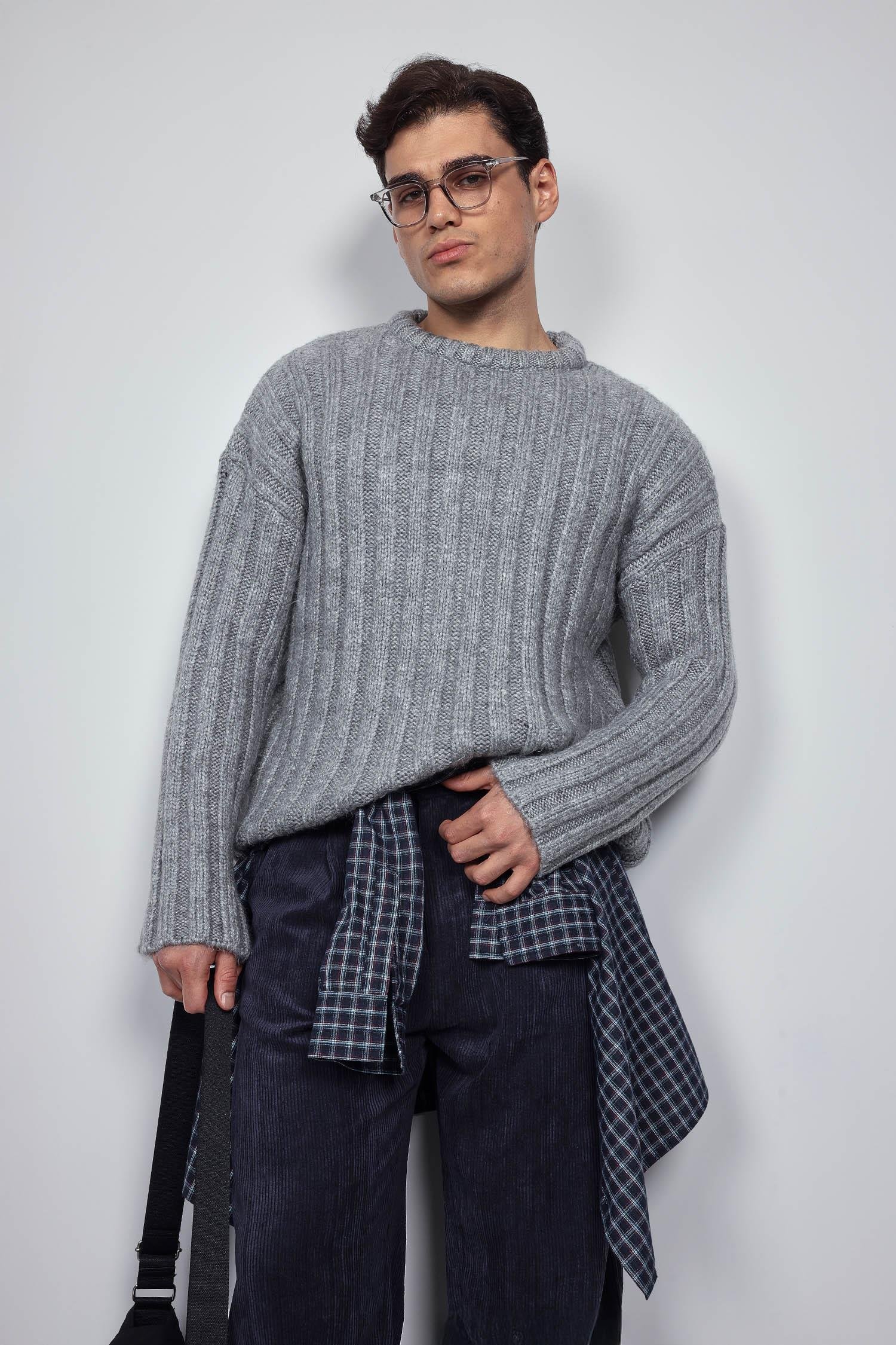 Erkek Oversize Kalın Fitilli Triko Kazak Gri