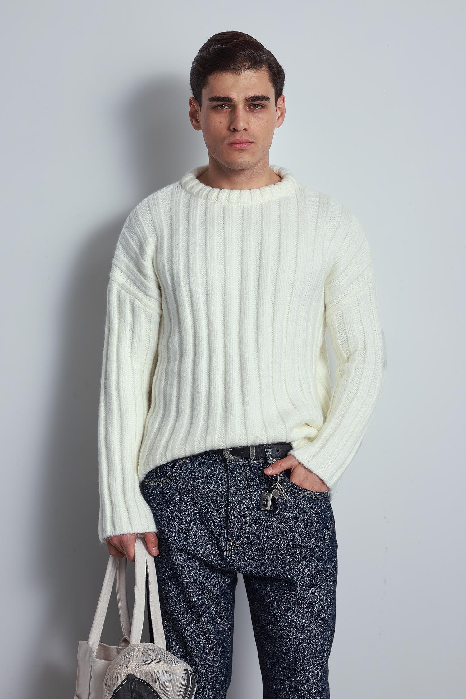 Erkek Oversize Kalın Fitilli Triko Kazak Ekru