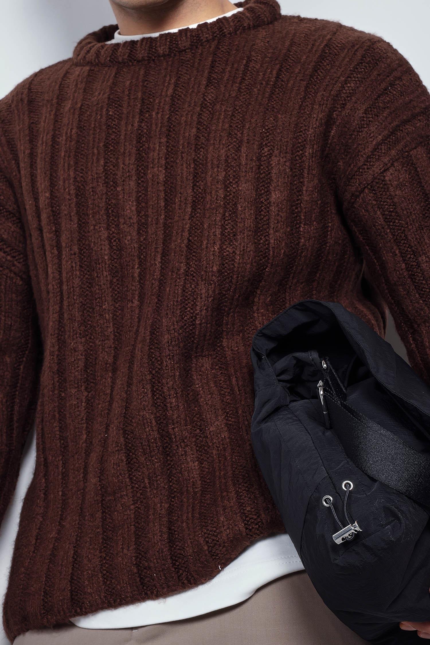 Erkek Oversize Kalın Fitilli Triko Kazak Kahve