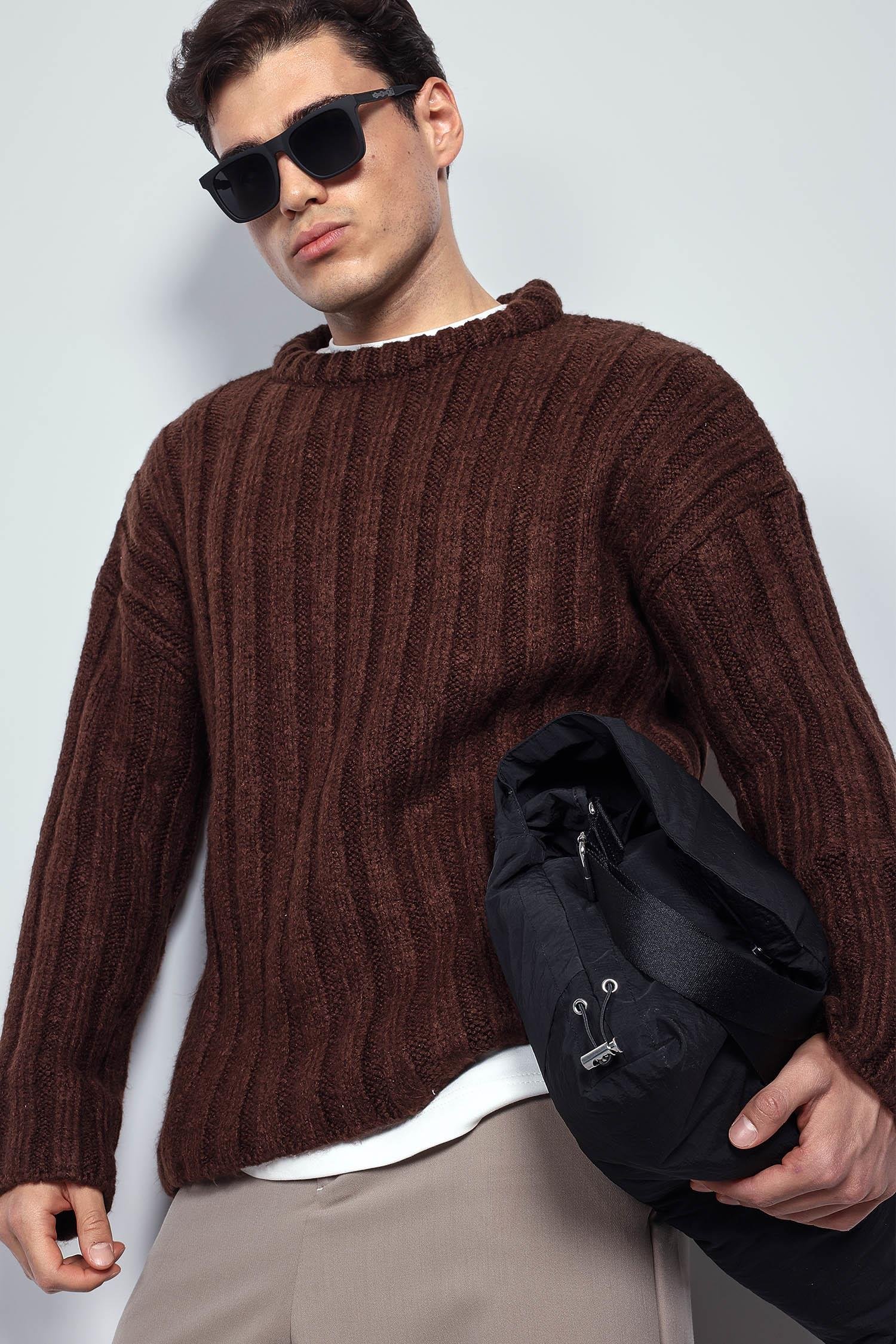 Erkek Oversize Kalın Fitilli Triko Kazak Kahve