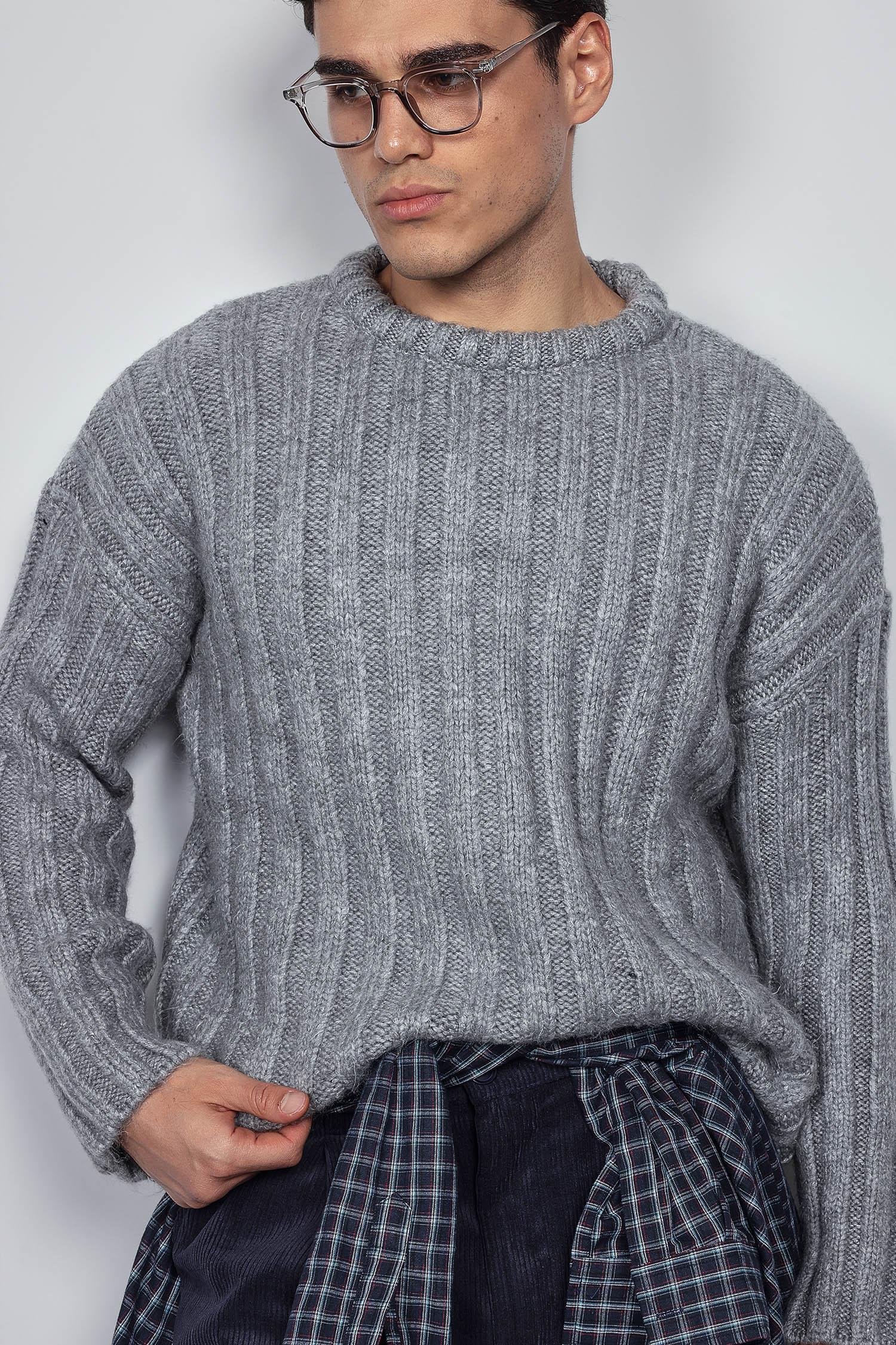 Erkek Oversize Kalın Fitilli Triko Kazak Gri