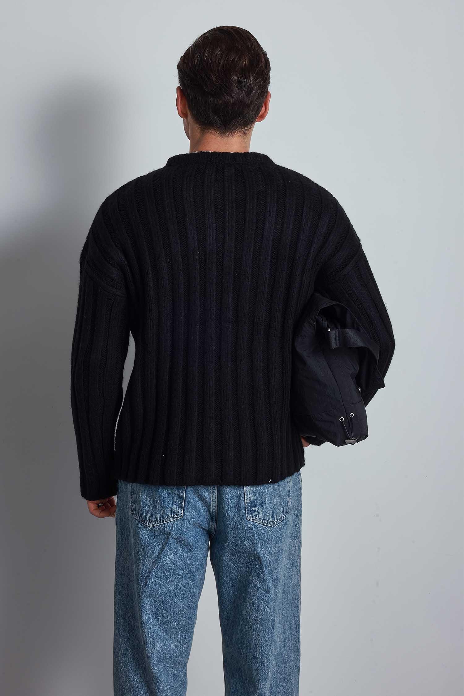 Erkek Oversize Kalın Fitilli Triko Kazak Siyah