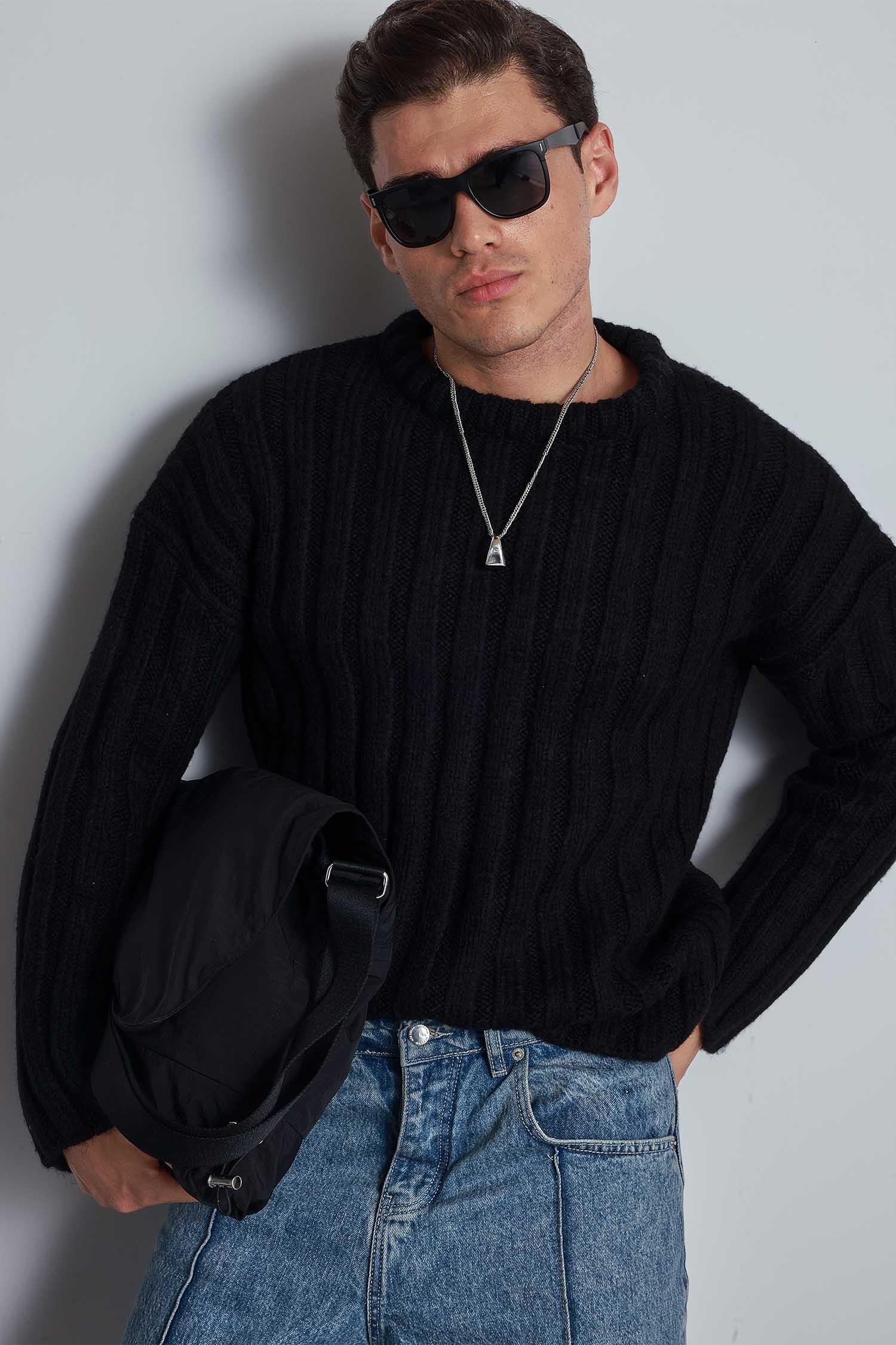 Erkek Oversize Kalın Fitilli Triko Kazak Siyah