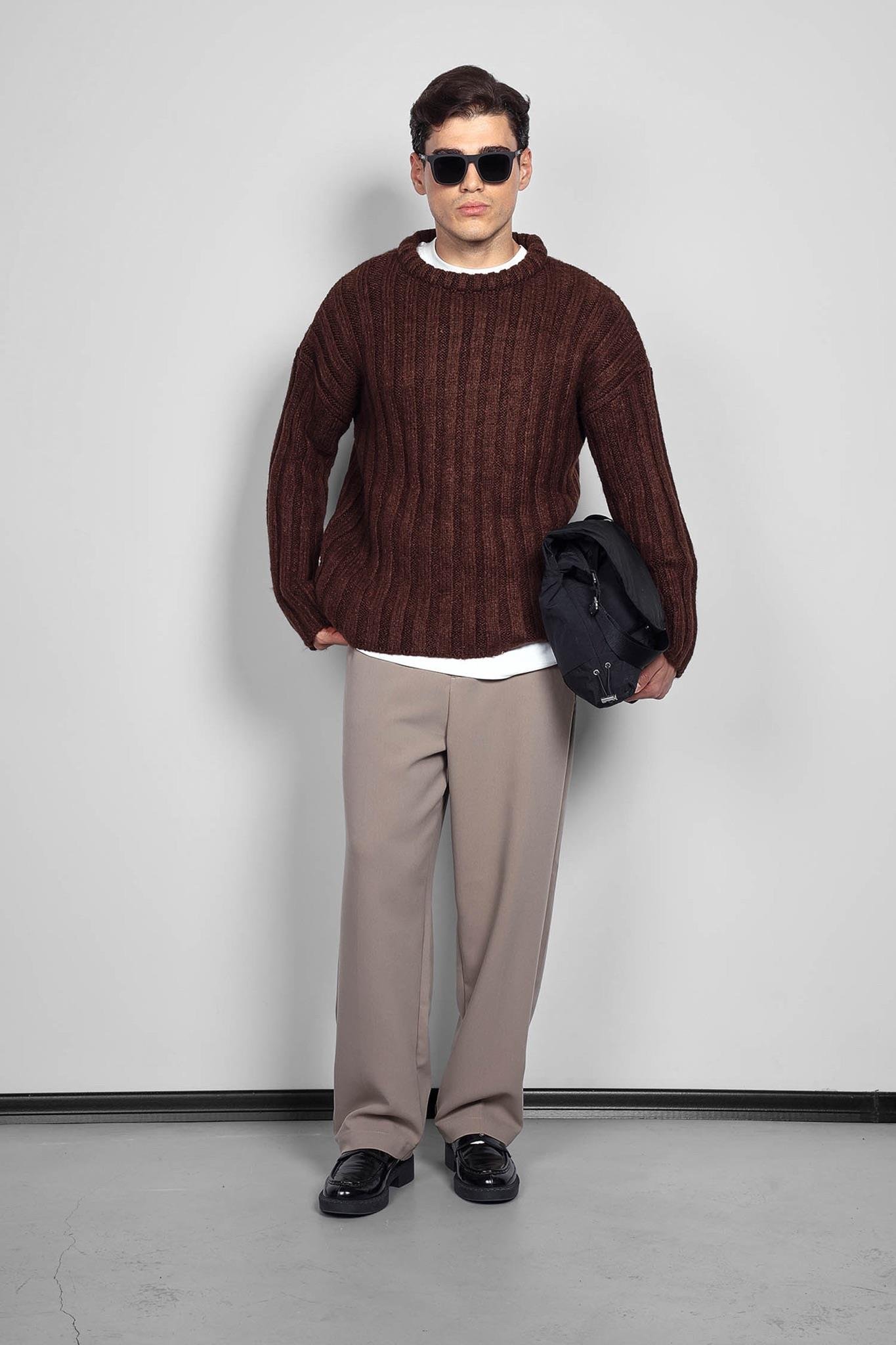 Erkek Oversize Kalın Fitilli Triko Kazak Kahve