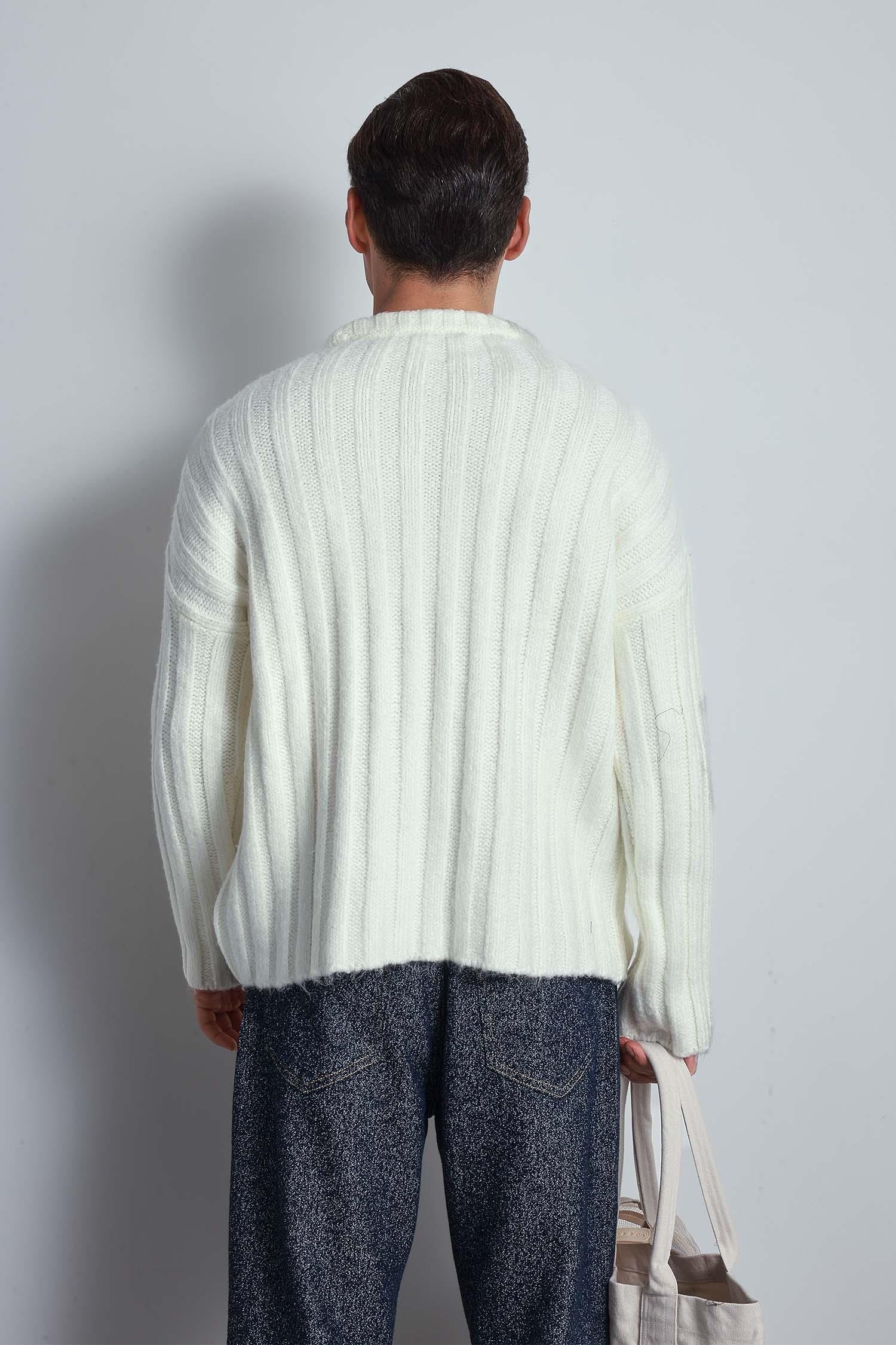 Erkek Oversize Kalın Fitilli Triko Kazak Ekru