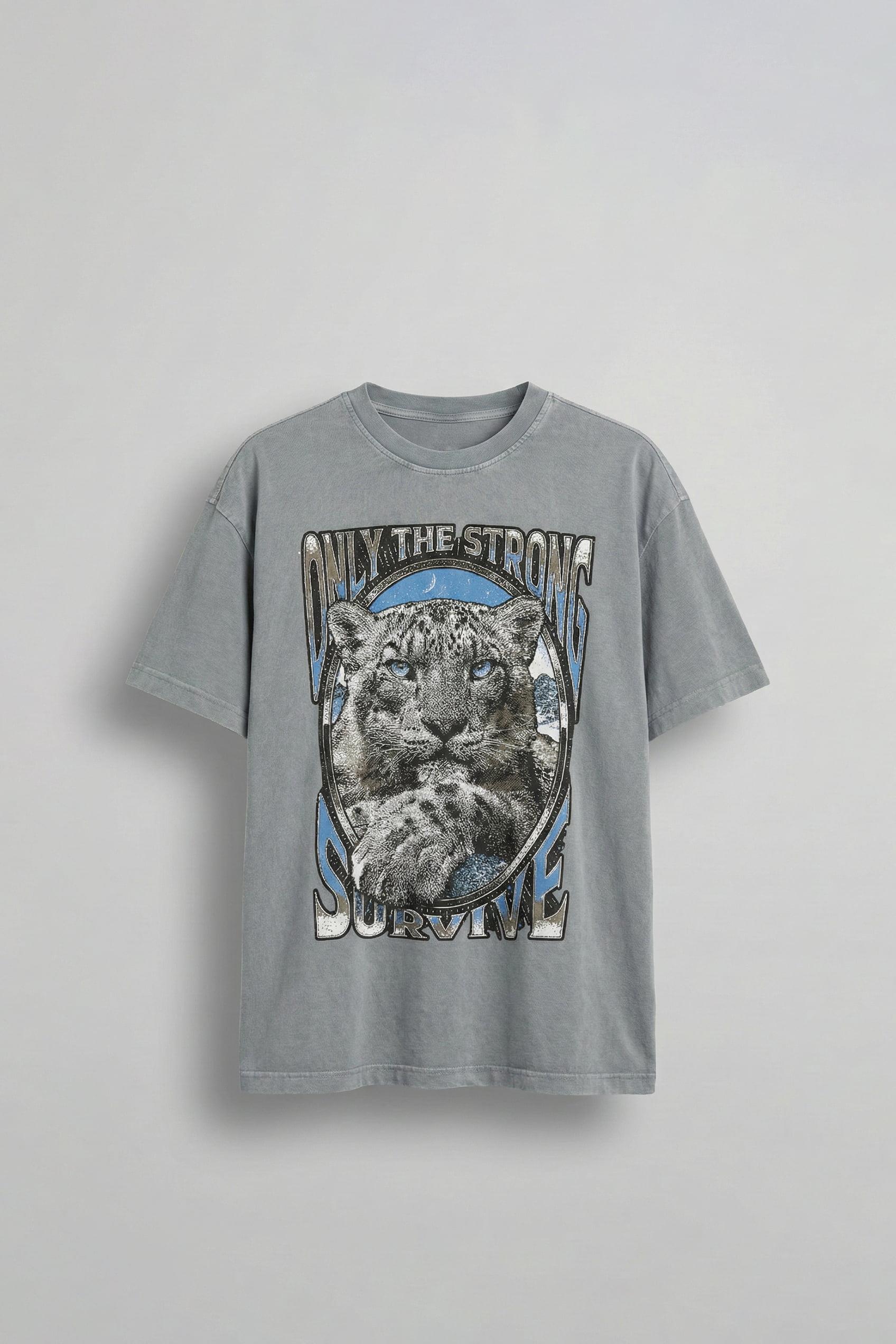 Erkek Oversize Kaplan Baskılı T-Shirt Gri