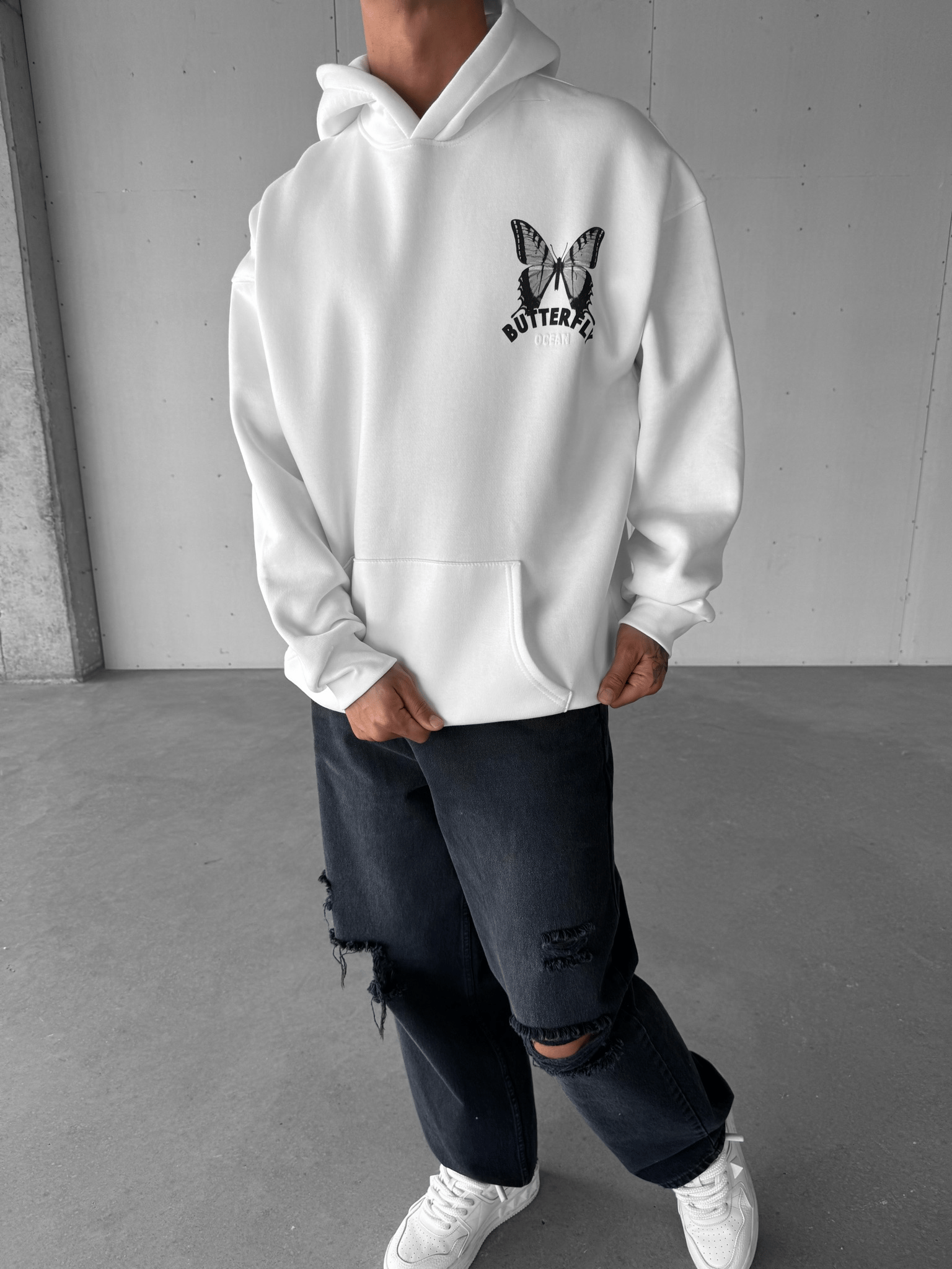 Erkek Oversize Kapüşonlu 2'Li Hoodie GRİ-BEYAZ