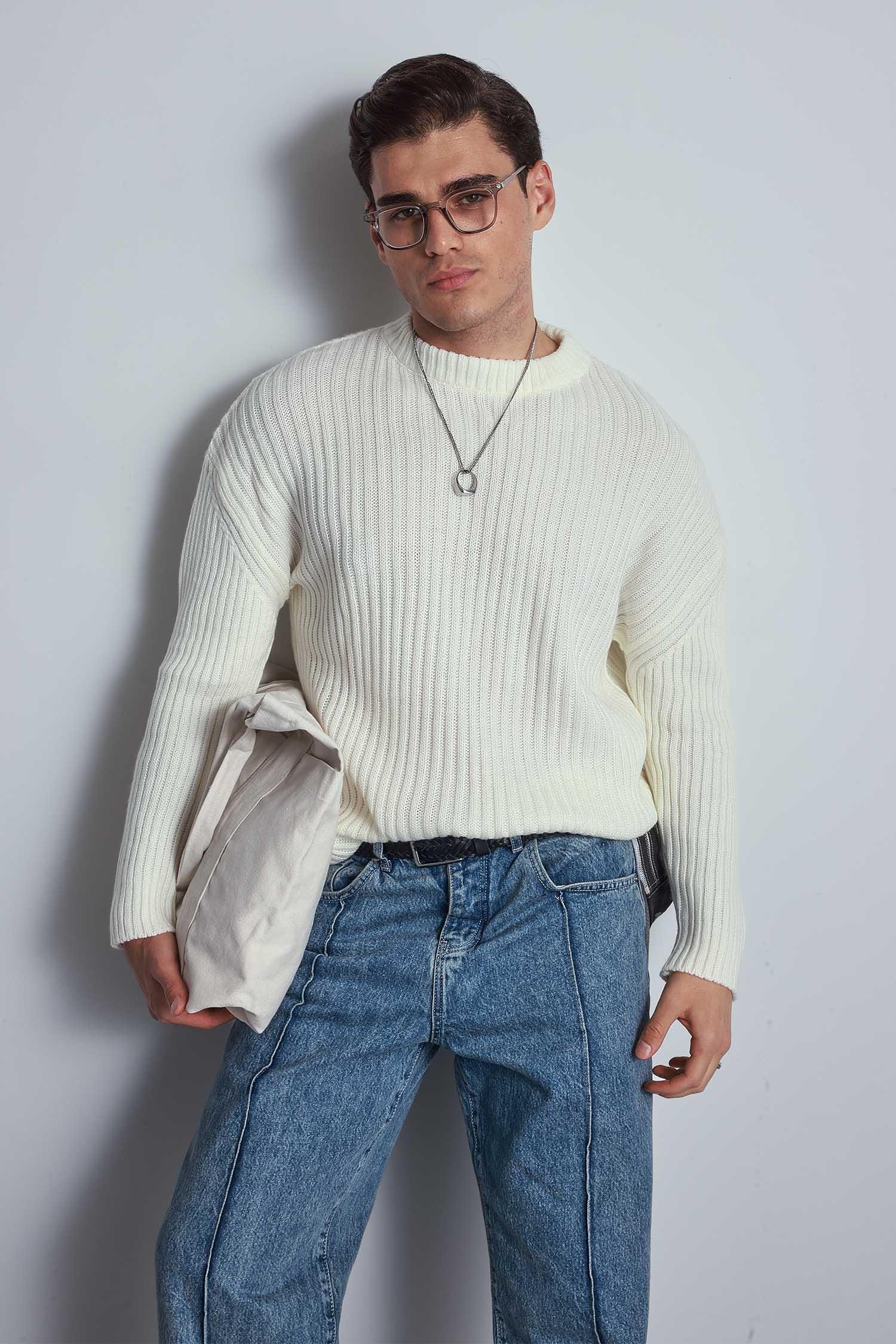 Erkek Oversize Kazak Ekru