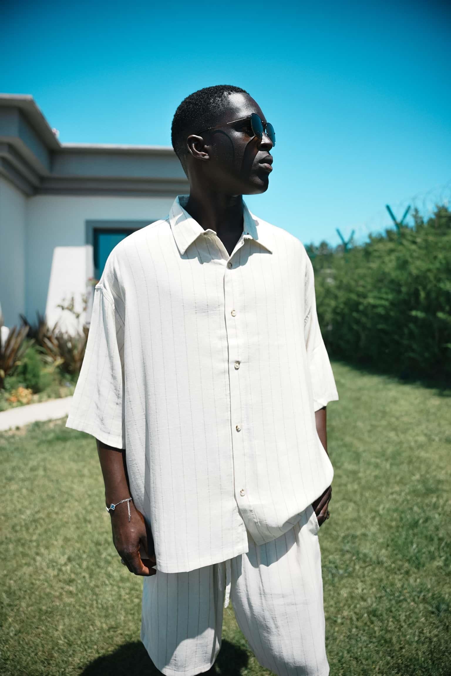 Erkek Oversize Keten Görünümlü Kısa Kollu Çizgili Gömlek Bej