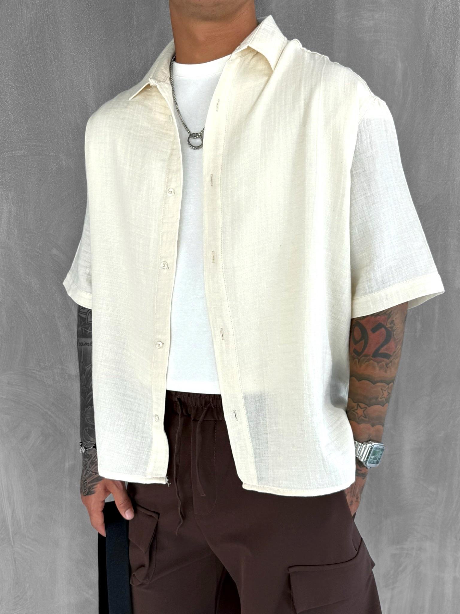 Erkek Oversize Kısa Kollu Müslin Gömlek Bej