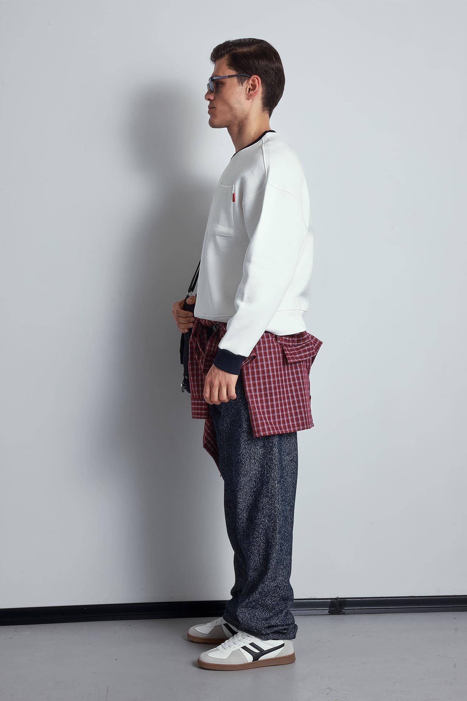 Erkek Oversize Kontrast Detaylı Sweatshirt Beyaz